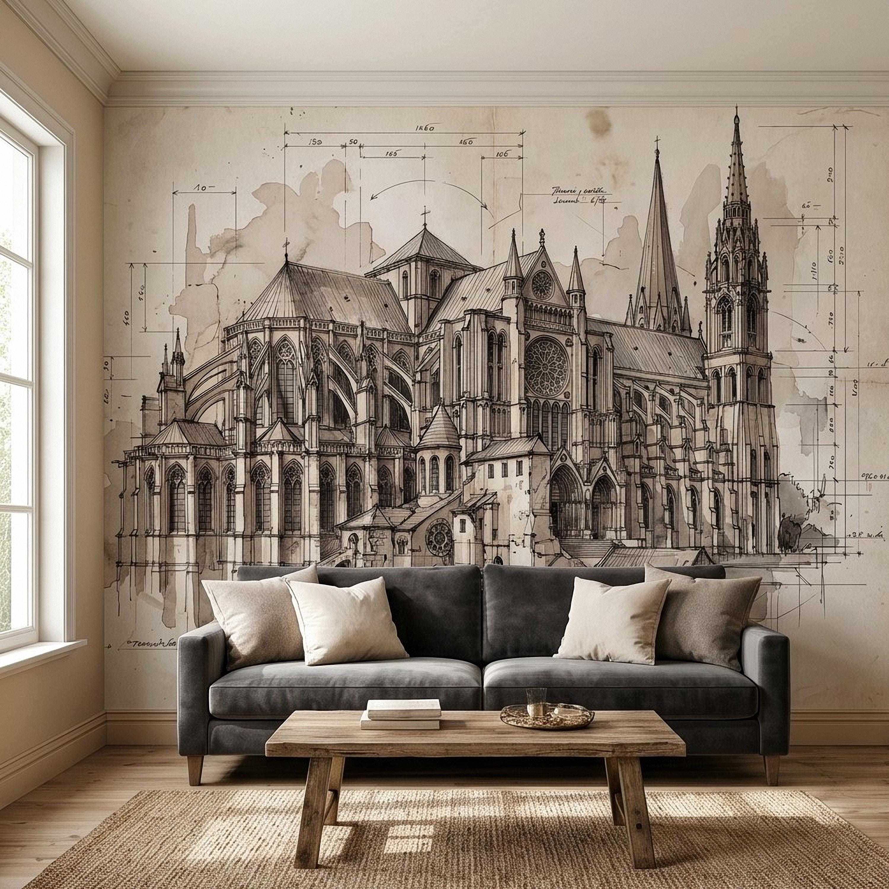Gothic Cathedral Architectural Sketch Peel and Stick Wall Mural, Vintage Blueprint Ink Drawing with Measurements Monochrome Wallpaper