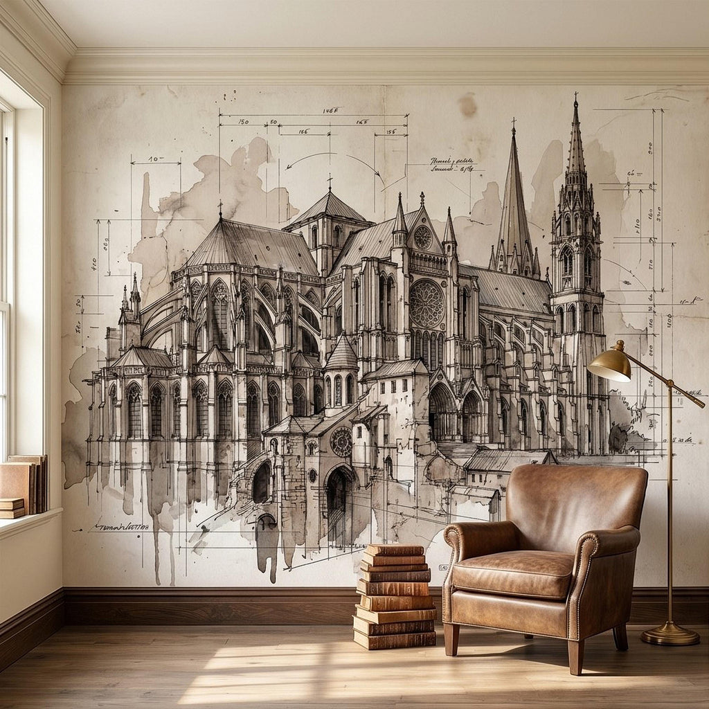 Gothic Cathedral Architectural Sketch Peel and Stick Wall Mural, Vintage Blueprint Ink Drawing with Measurements Monochrome Wallpaper