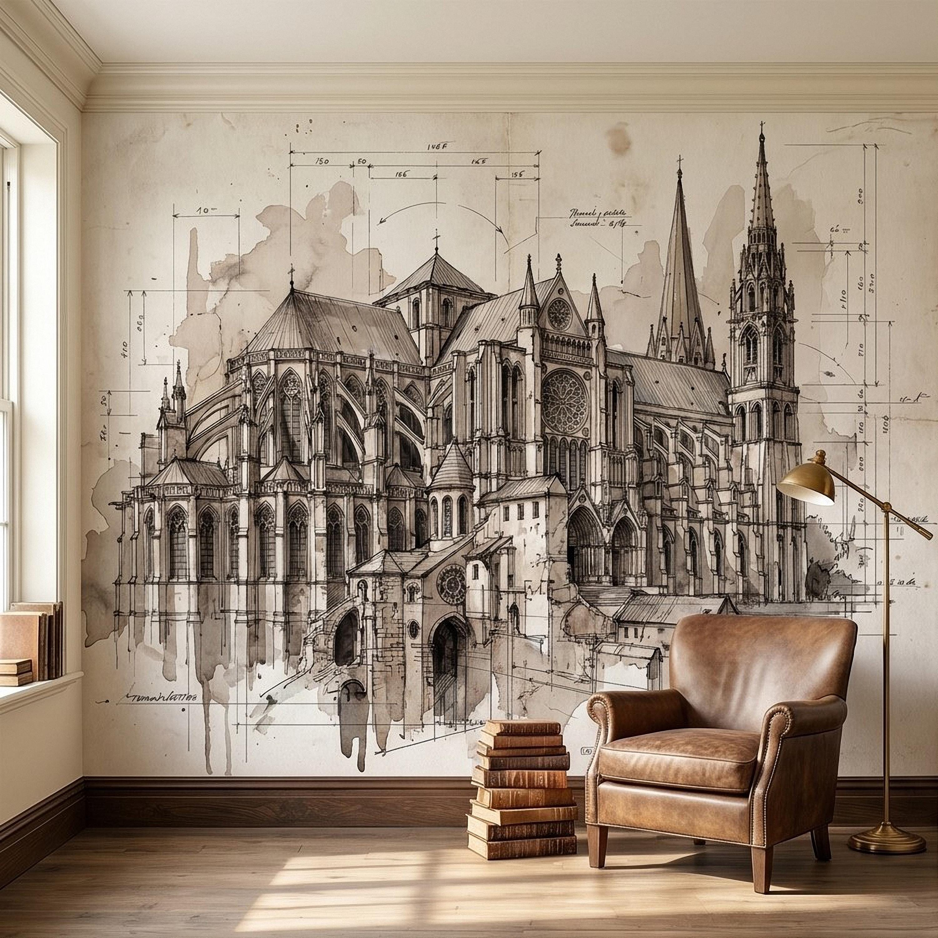 Gothic Cathedral Architectural Sketch Peel and Stick Wall Mural, Vintage Blueprint Ink Drawing with Measurements Monochrome Wallpaper