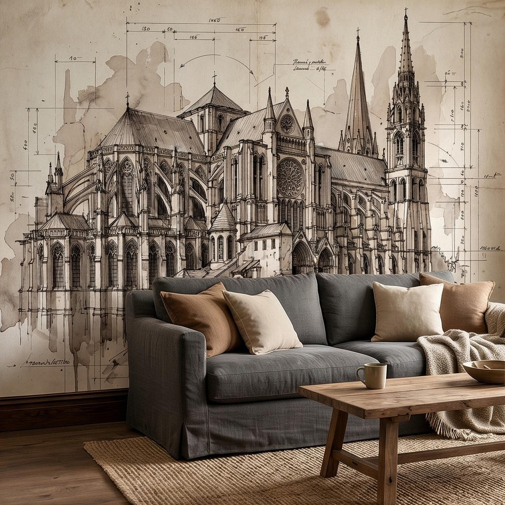 Gothic Cathedral Architectural Sketch Peel and Stick Wall Mural, Vintage Blueprint Ink Drawing with Measurements Monochrome Wallpaper
