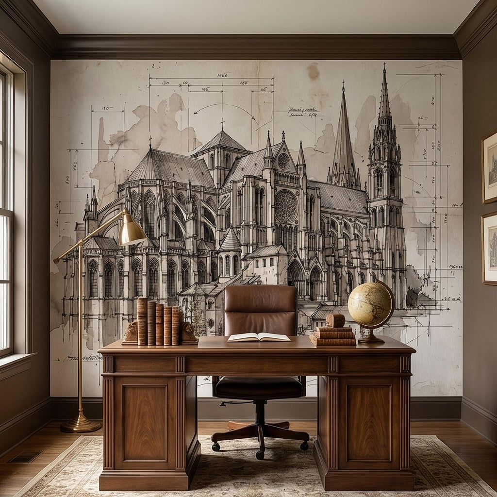 Gothic Cathedral Architectural Sketch Peel and Stick Wall Mural, Vintage Blueprint Ink Drawing with Measurements Monochrome Wallpaper