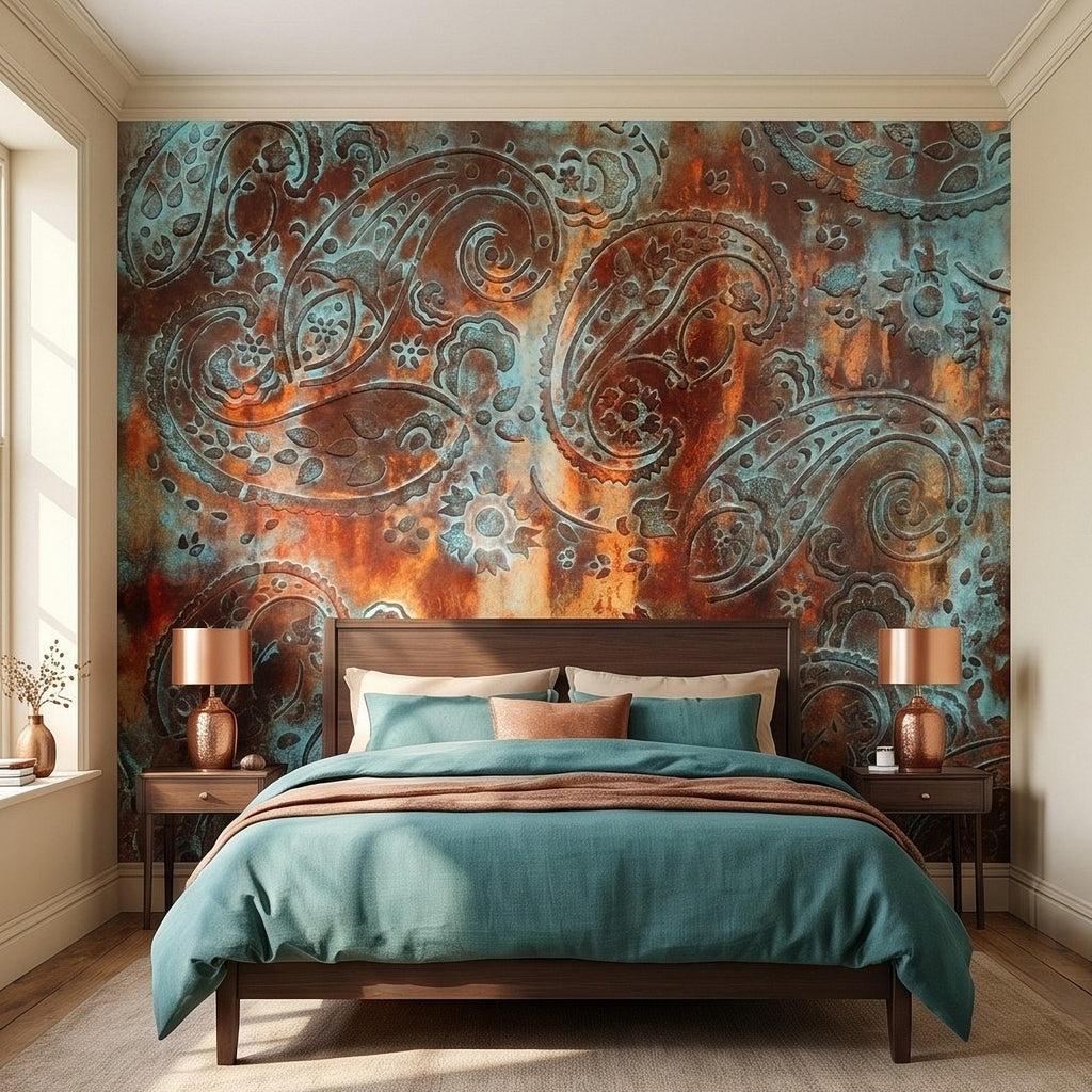 Rustic Paisley Peel and Stick Wall Mural, Turquoise Patina and Rusted Metal Texture, Vintage Industrial Boho Wallpaper