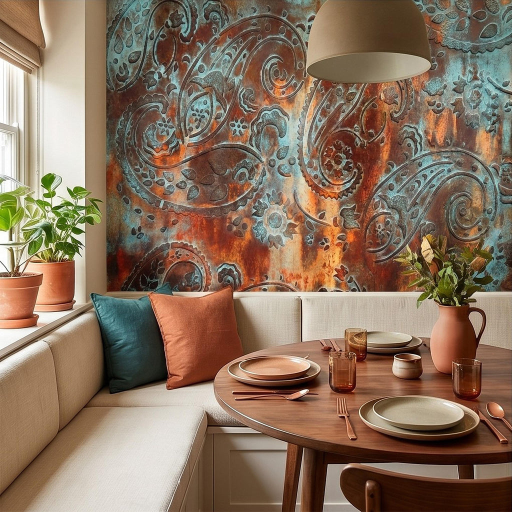 Rustic Paisley Peel and Stick Wall Mural, Turquoise Patina and Rusted Metal Texture, Vintage Industrial Boho Wallpaper