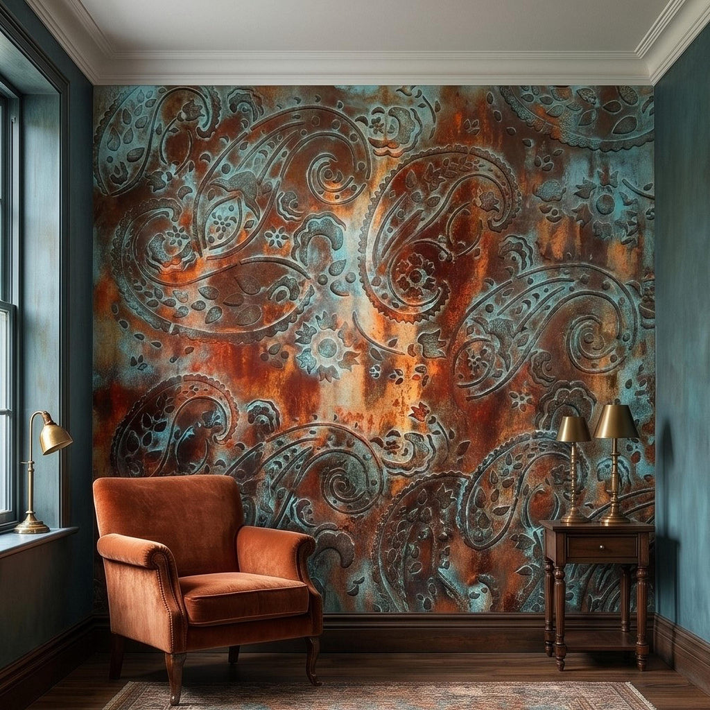 Rustic Paisley Peel and Stick Wall Mural, Turquoise Patina and Rusted Metal Texture, Vintage Industrial Boho Wallpaper