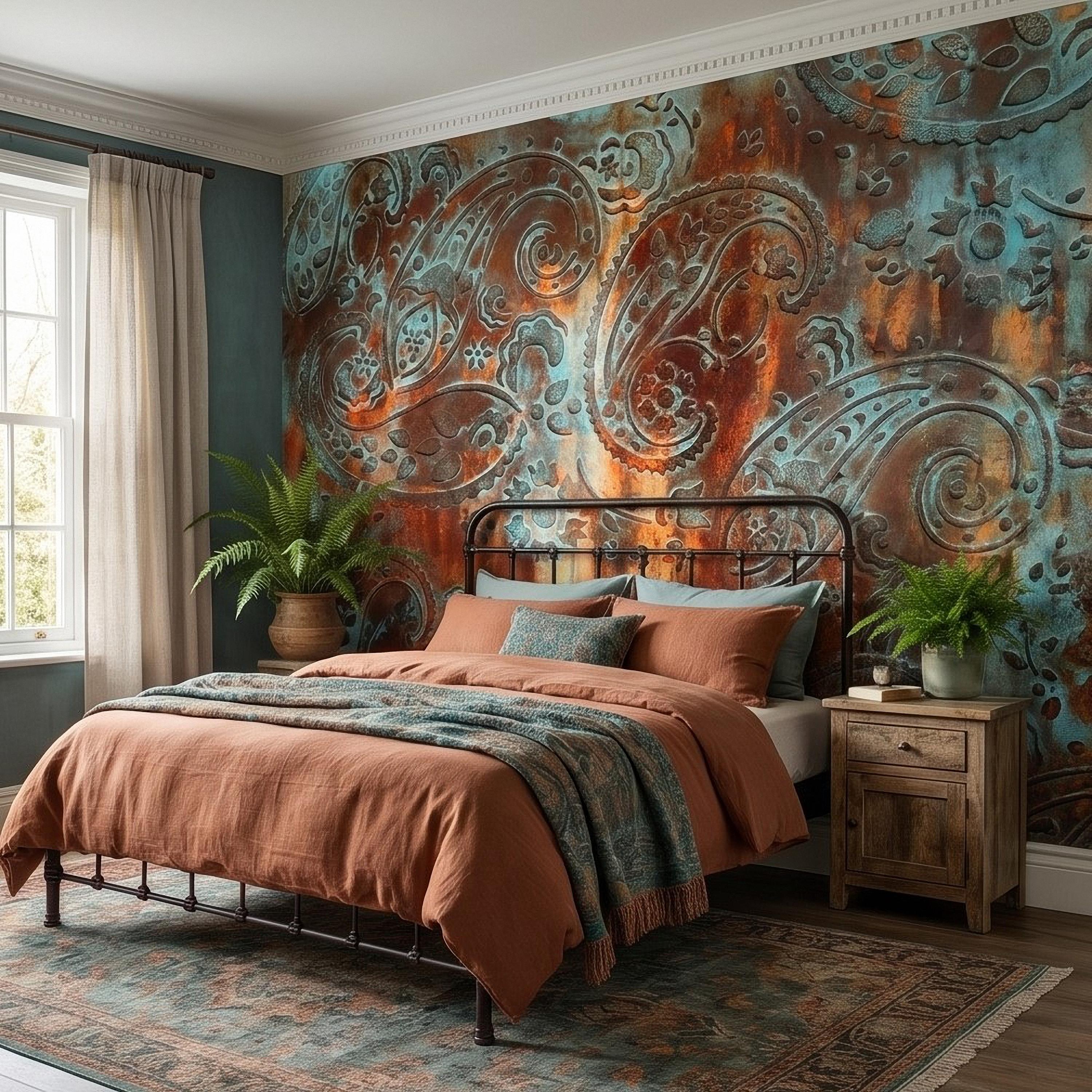 Rustic Paisley Peel and Stick Wall Mural, Turquoise Patina and Rusted Metal Texture, Vintage Industrial Boho Wallpaper