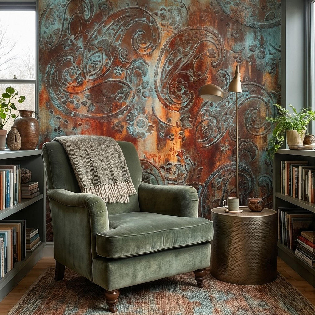 Rustic Paisley Peel and Stick Wall Mural, Turquoise Patina and Rusted Metal Texture, Vintage Industrial Boho Wallpaper