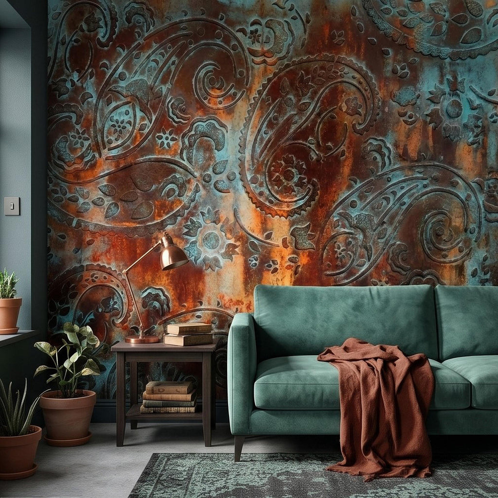 Rustic Paisley Peel and Stick Wall Mural, Turquoise Patina and Rusted Metal Texture, Vintage Industrial Boho Wallpaper