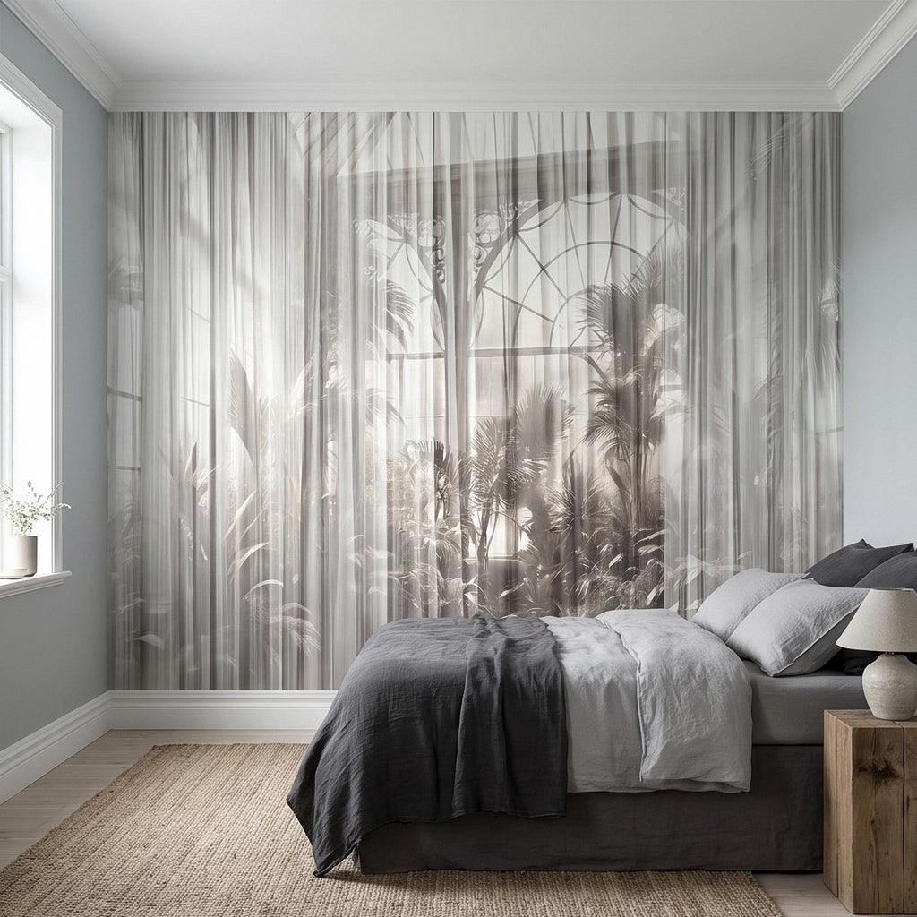 Sheer Curtain Peel and Stick Wall Mural, Neutral Palm Window View Illusion, Soft Light Airy Tropical Wallpaper