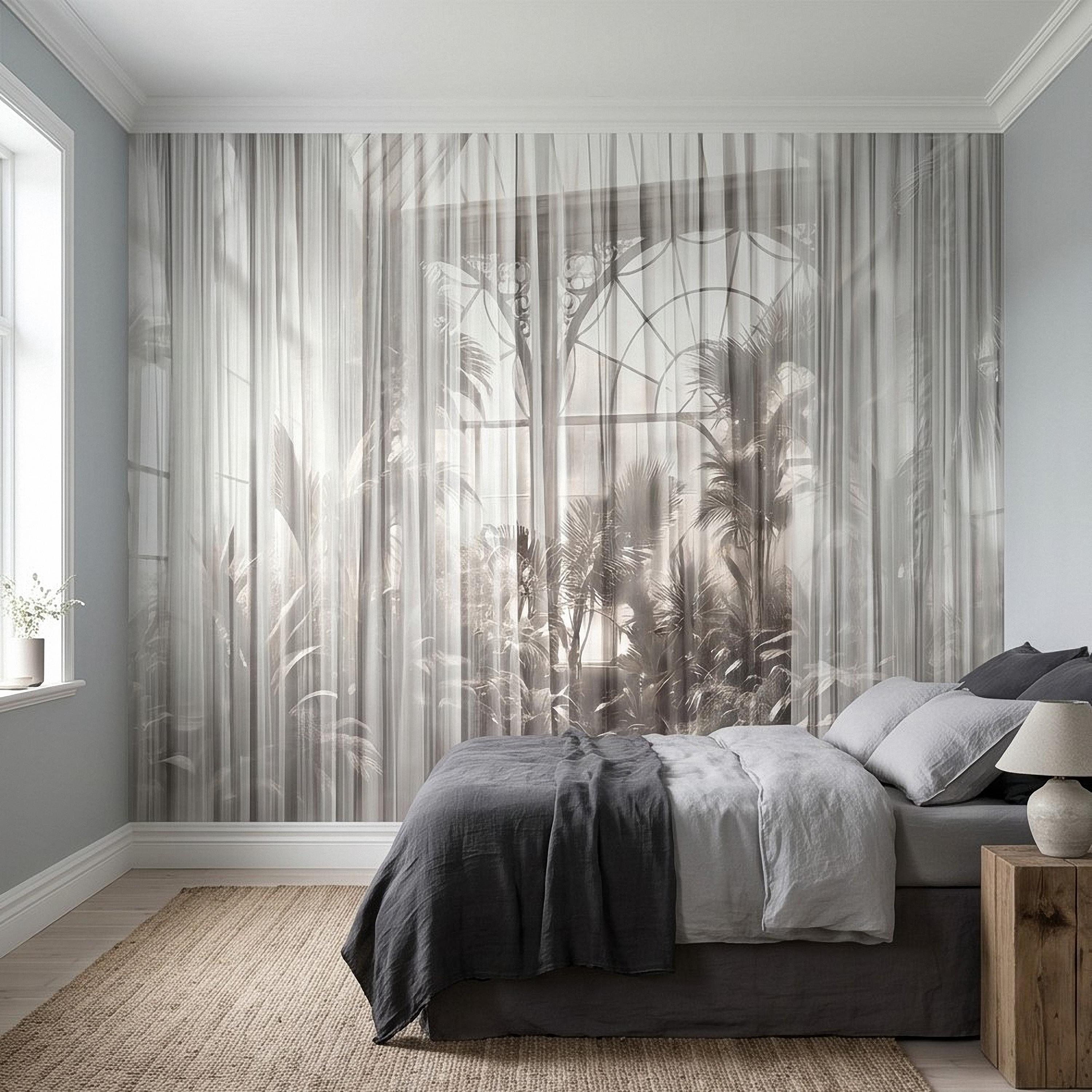 Sheer Curtain Peel and Stick Wall Mural, Neutral Palm Window View Illusion, Soft Light Airy Tropical Wallpaper