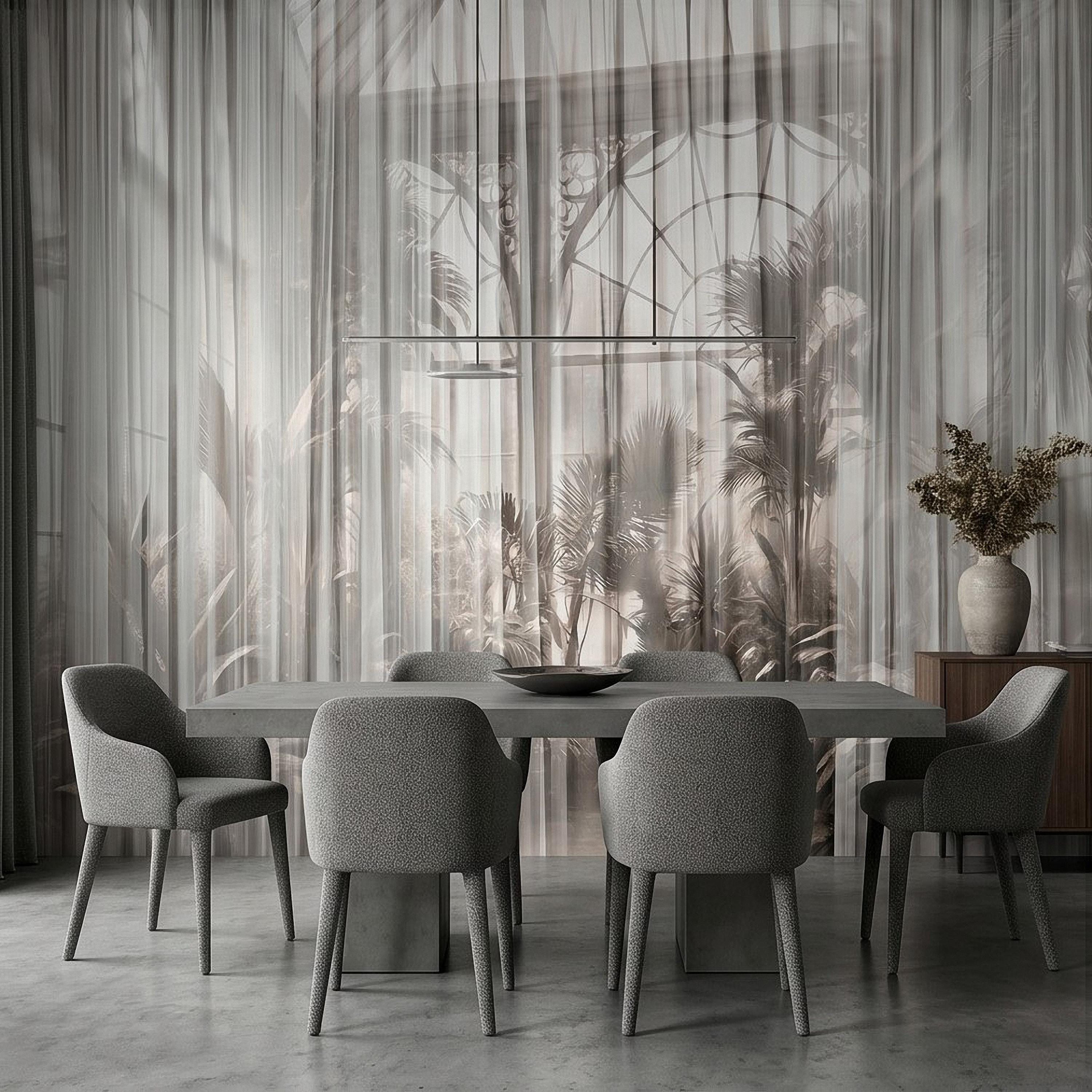 Sheer Curtain Peel and Stick Wall Mural, Neutral Palm Window View Illusion, Soft Light Airy Tropical Wallpaper