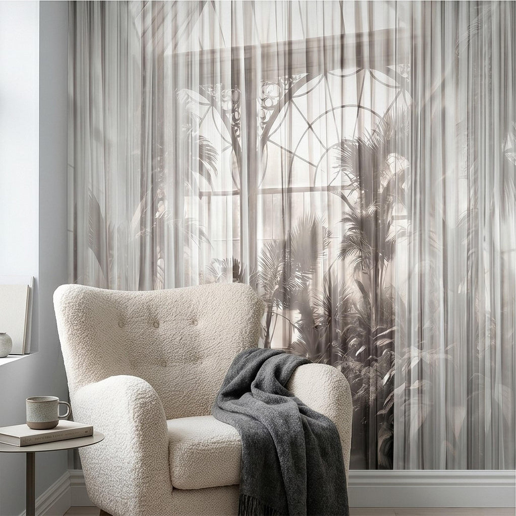 Sheer Curtain Peel and Stick Wall Mural, Neutral Palm Window View Illusion, Soft Light Airy Tropical Wallpaper
