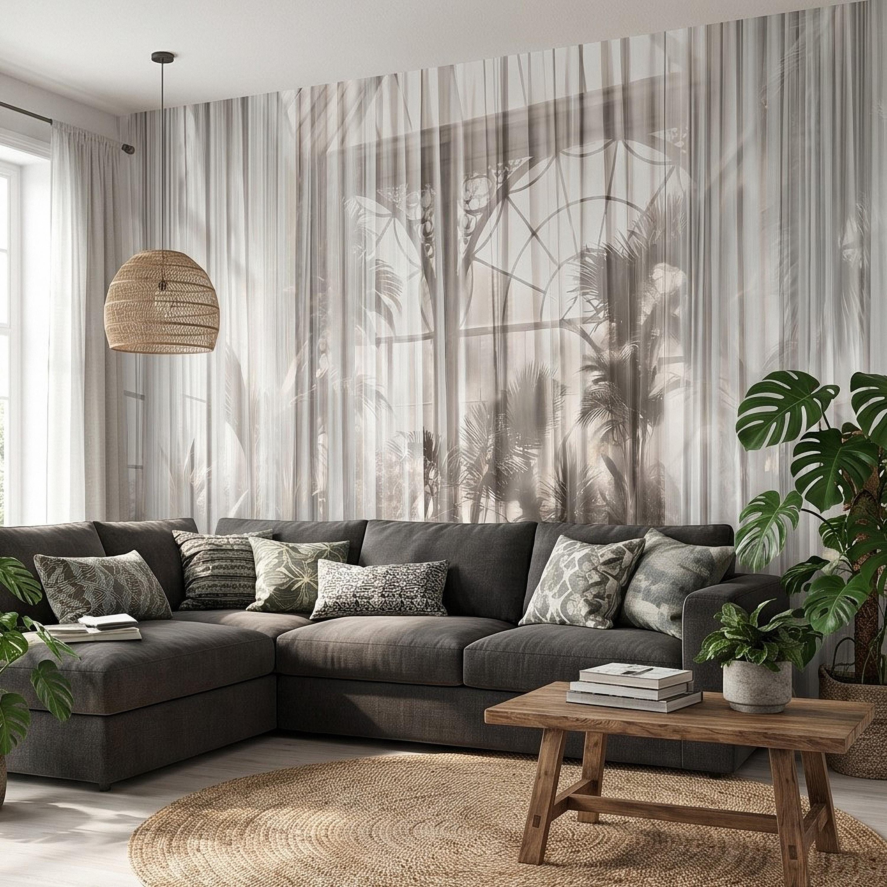 Sheer Curtain Peel and Stick Wall Mural, Neutral Palm Window View Illusion, Soft Light Airy Tropical Wallpaper