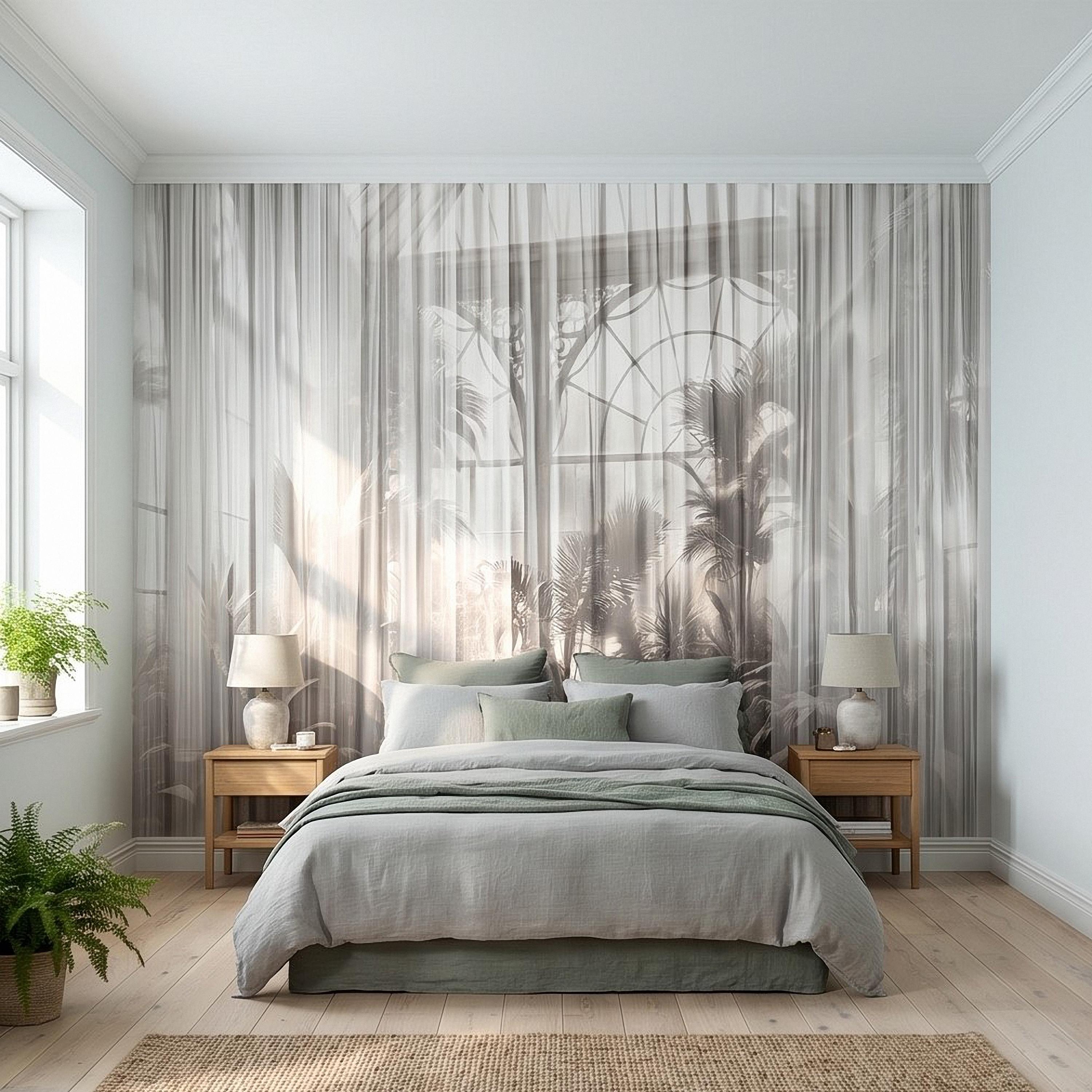 Sheer Curtain Peel and Stick Wall Mural, Neutral Palm Window View Illusion, Soft Light Airy Tropical Wallpaper