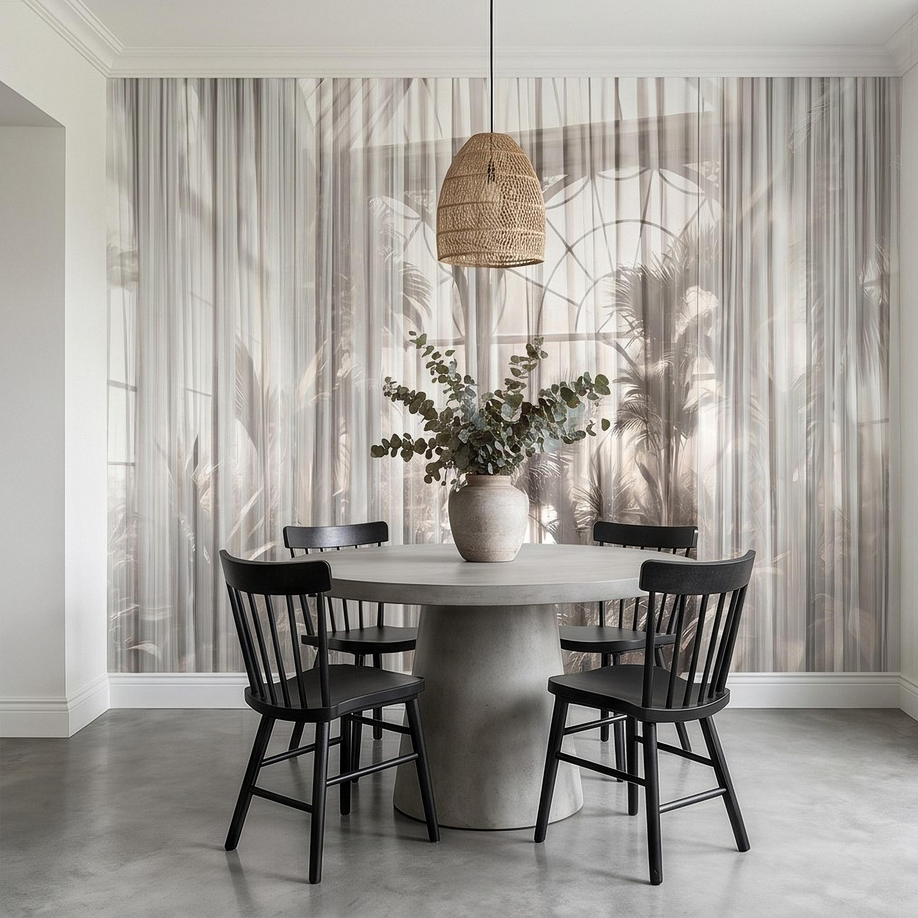 Sheer Curtain Peel and Stick Wall Mural, Neutral Palm Window View Illusion, Soft Light Airy Tropical Wallpaper