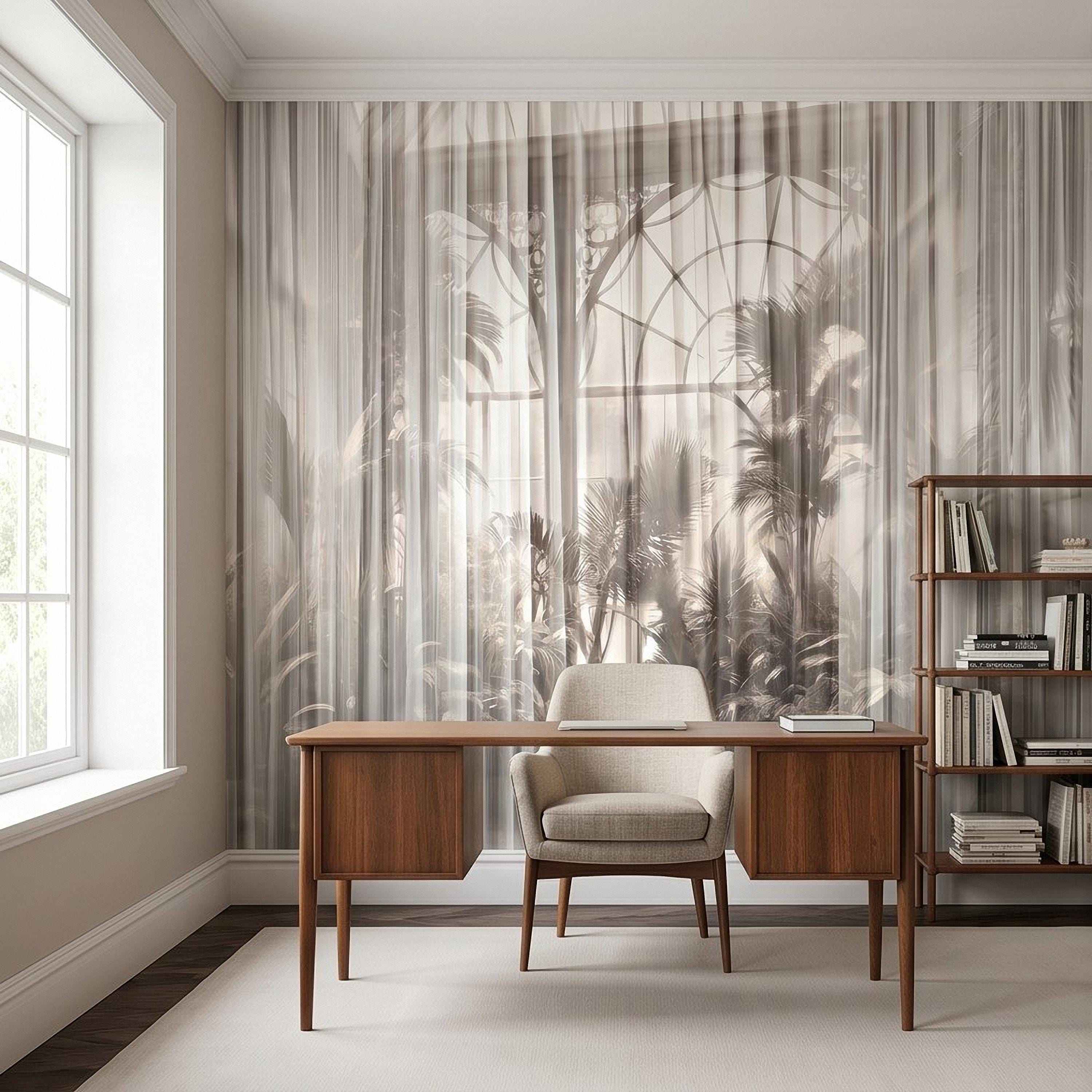 Sheer Curtain Peel and Stick Wall Mural, Neutral Palm Window View Illusion, Soft Light Airy Tropical Wallpaper