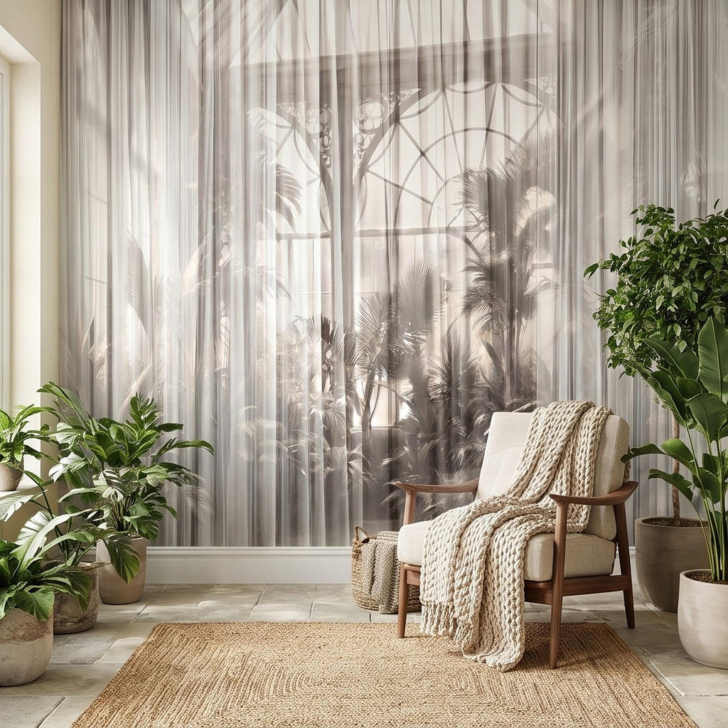 Sheer Curtain Peel and Stick Wall Mural, Neutral Palm Window View Illusion, Soft Light Airy Tropical Wallpaper