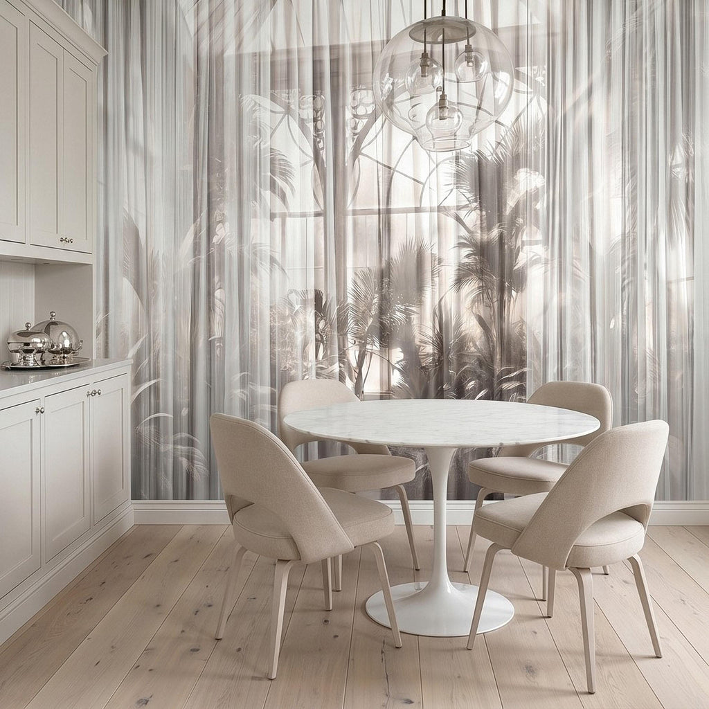 Sheer Curtain Peel and Stick Wall Mural, Neutral Palm Window View Illusion, Soft Light Airy Tropical Wallpaper
