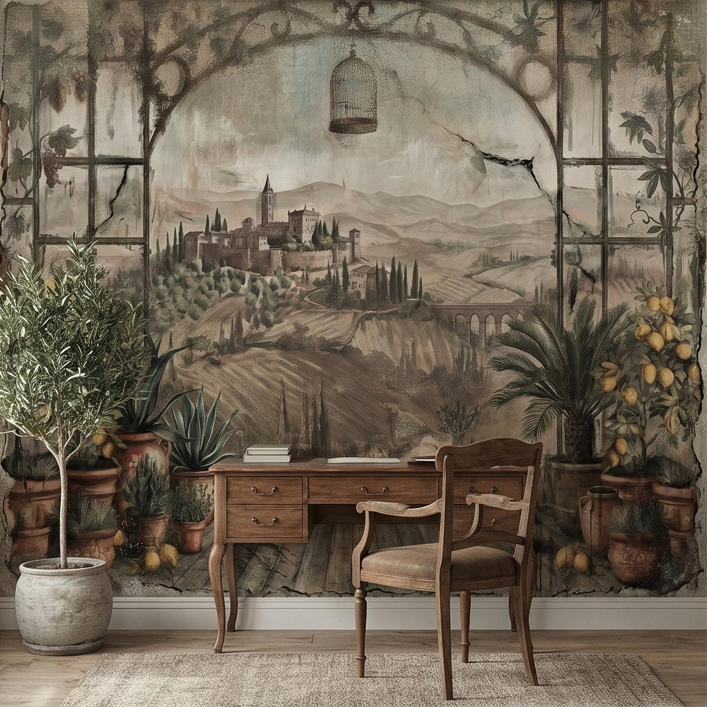 Tuscan Lemon Grove Terrace Peel and Stick Wall Mural, Vintage Italian Country Window View, Grapevine Arbor, Rustic Villa Landscape Wallpaper