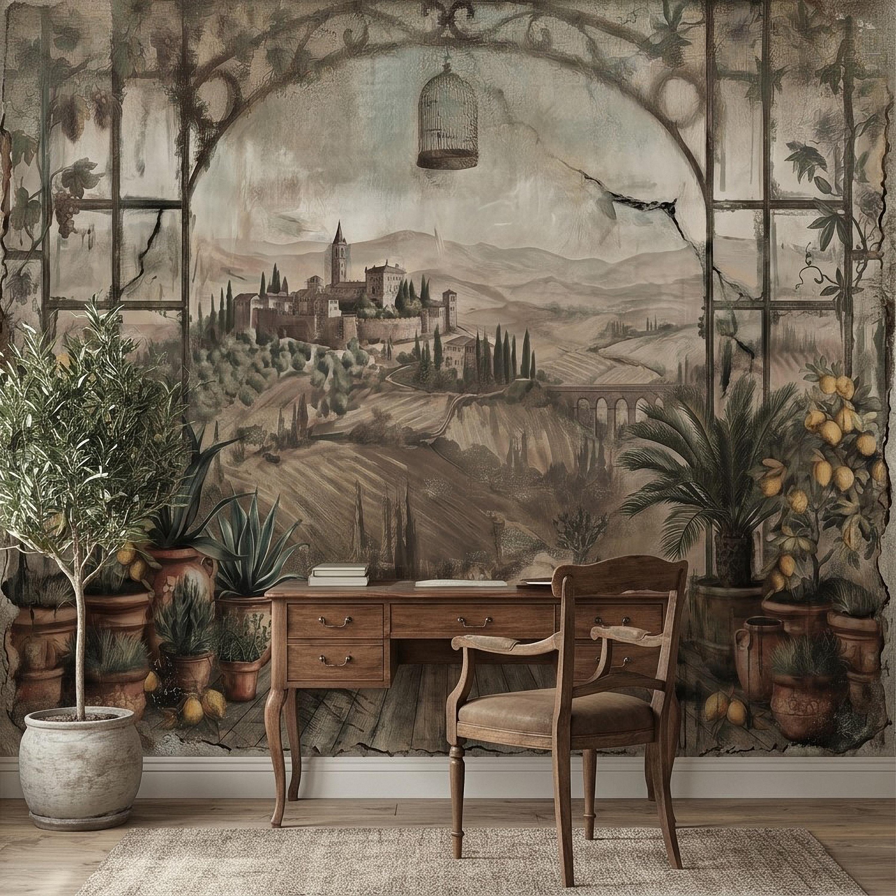 Tuscan Lemon Grove Terrace Peel and Stick Wall Mural, Vintage Italian Country Window View, Grapevine Arbor, Rustic Villa Landscape Wallpaper
