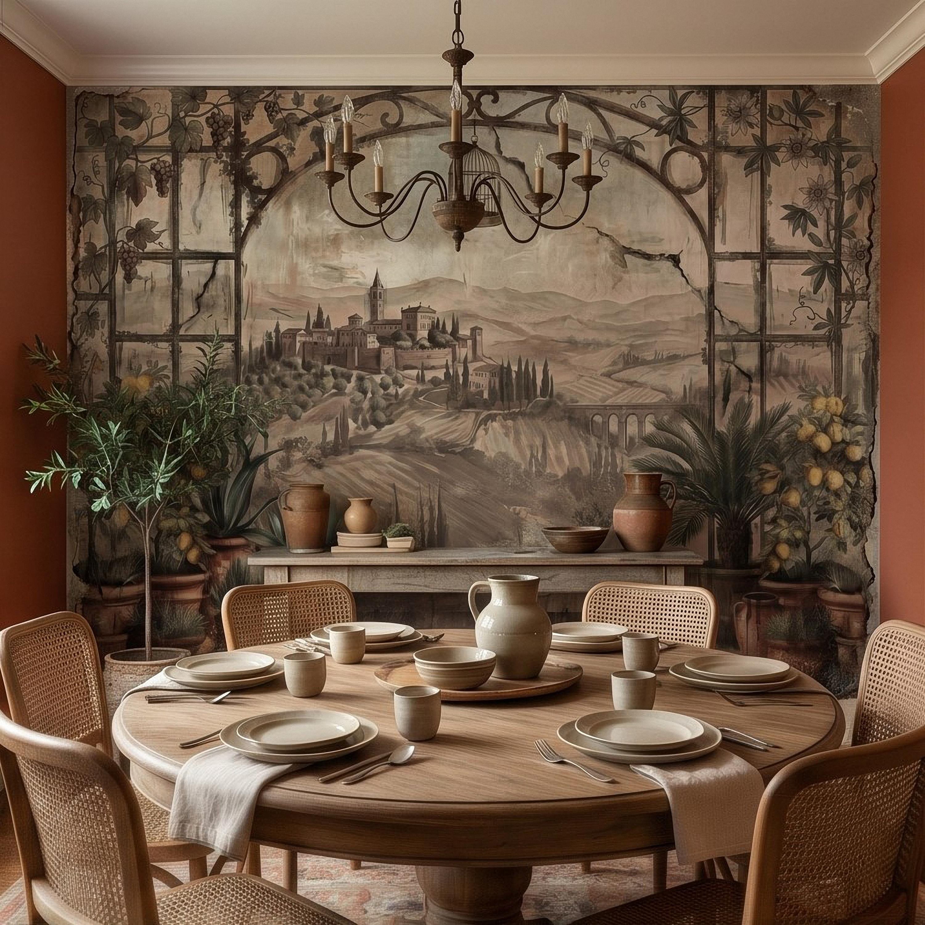 Tuscan Lemon Grove Terrace Peel and Stick Wall Mural, Vintage Italian Country Window View, Grapevine Arbor, Rustic Villa Landscape Wallpaper