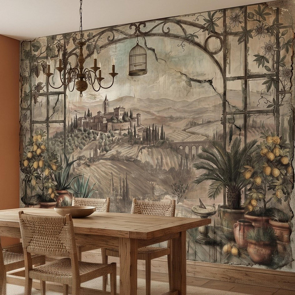 Tuscan Lemon Grove Terrace Peel and Stick Wall Mural, Vintage Italian Country Window View, Grapevine Arbor, Rustic Villa Landscape Wallpaper