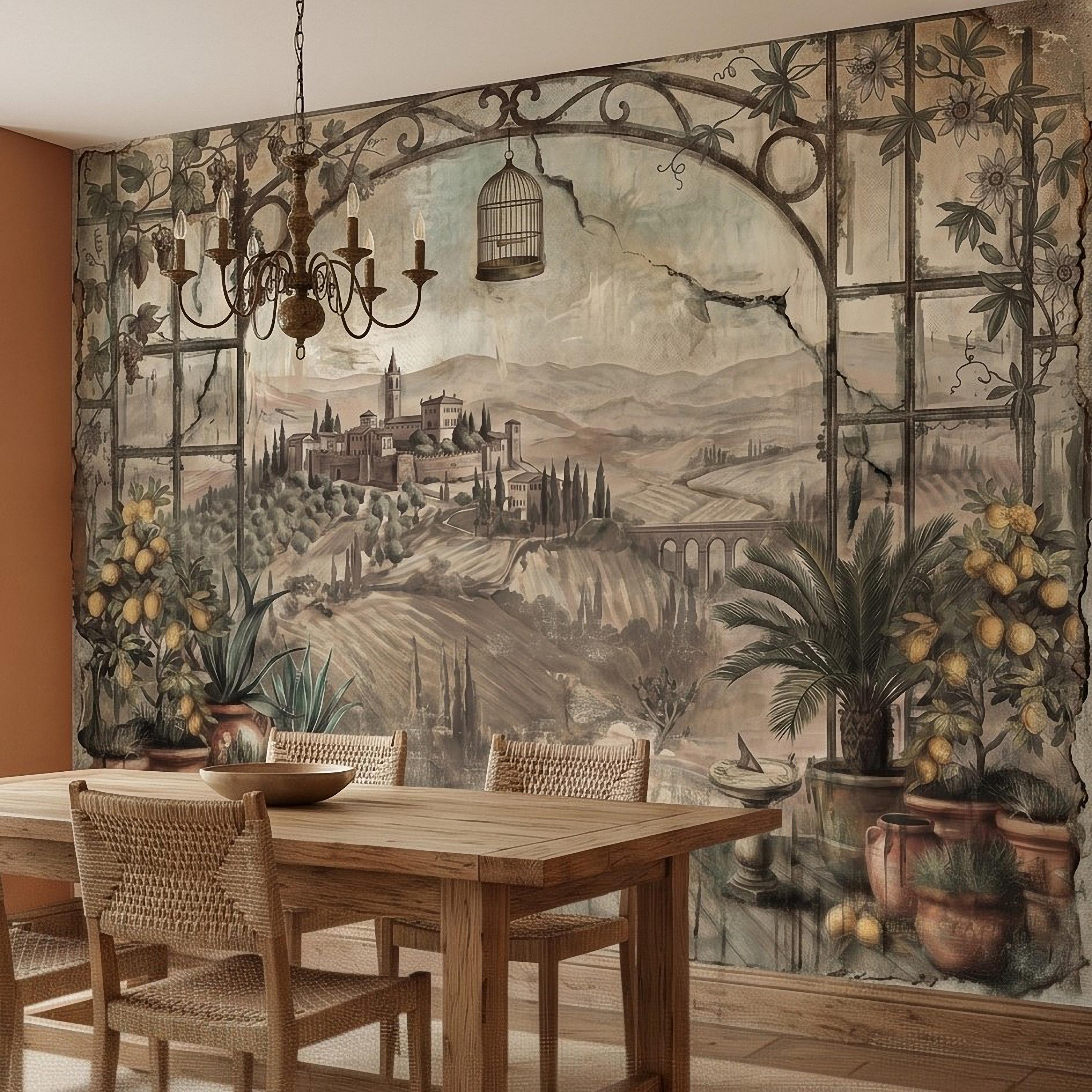 Tuscan Lemon Grove Terrace Peel and Stick Wall Mural, Vintage Italian Country Window View, Grapevine Arbor, Rustic Villa Landscape Wallpaper