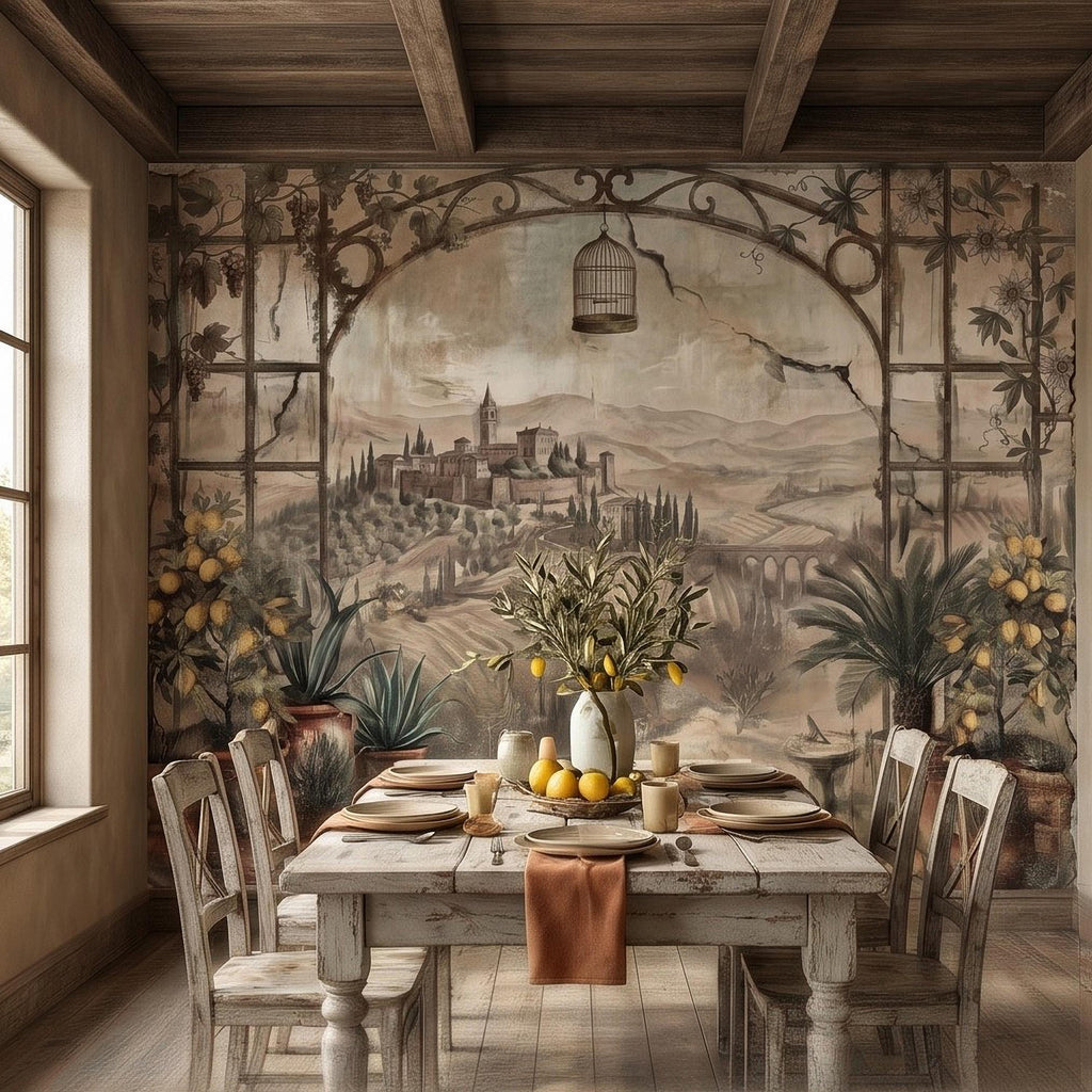 Tuscan Lemon Grove Terrace Peel and Stick Wall Mural, Vintage Italian Country Window View, Grapevine Arbor, Rustic Villa Landscape Wallpaper