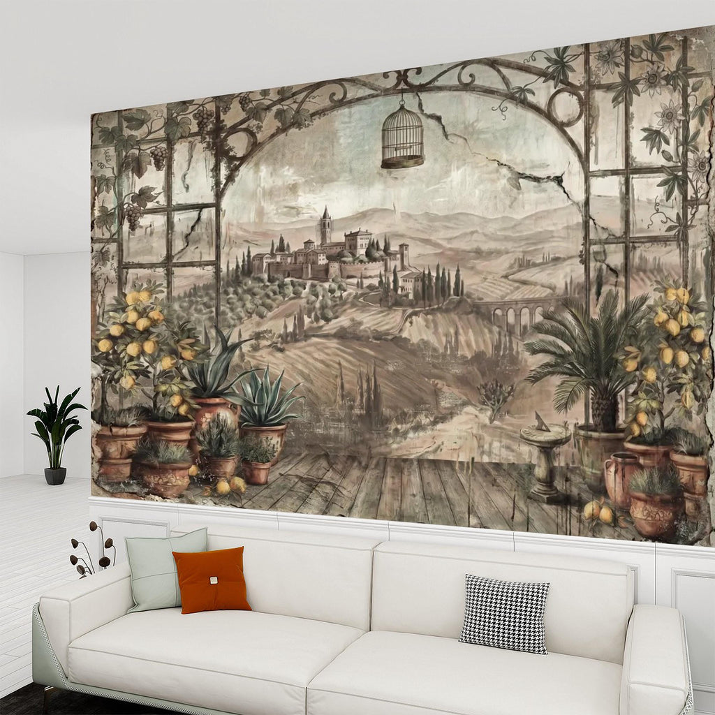 Tuscan Lemon Grove Terrace Peel and Stick Wall Mural, Vintage Italian Country Window View, Grapevine Arbor, Rustic Villa Landscape Wallpaper