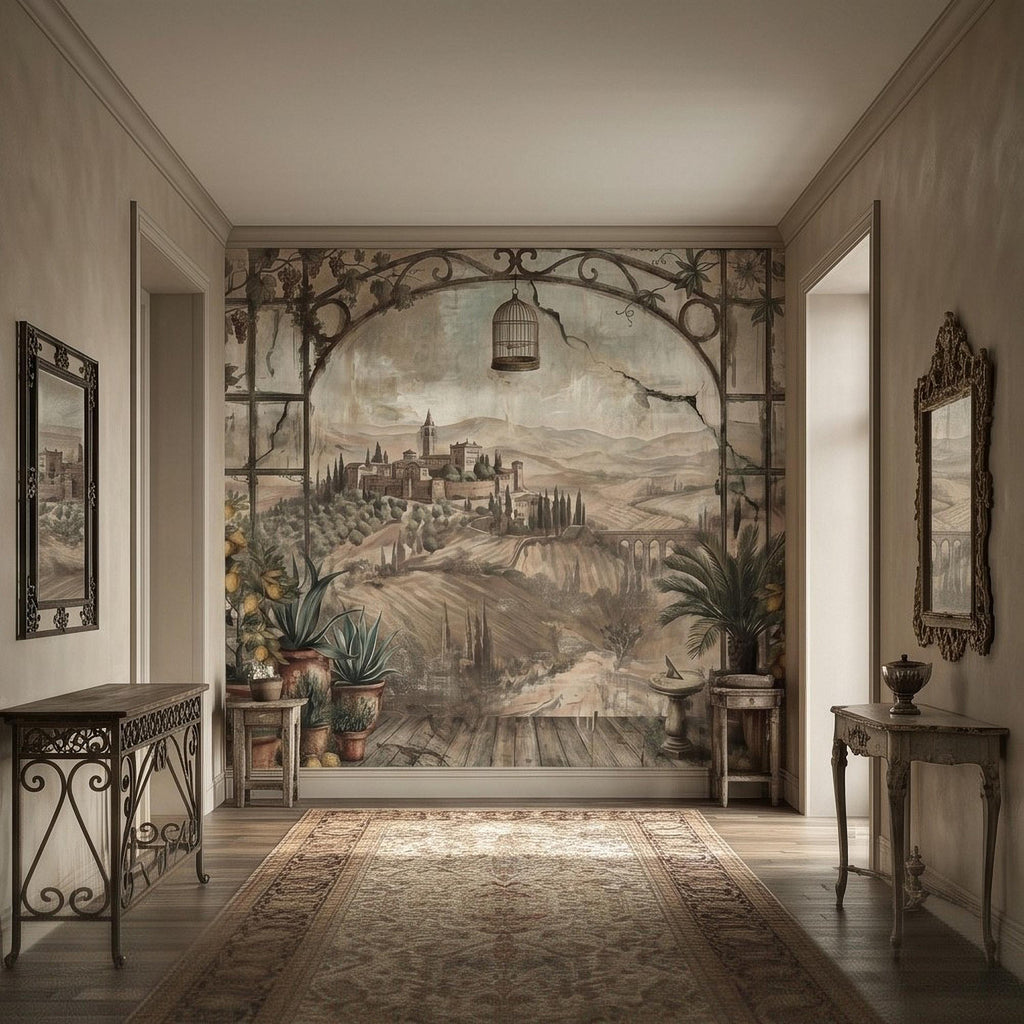 Tuscan Lemon Grove Terrace Peel and Stick Wall Mural, Vintage Italian Country Window View, Grapevine Arbor, Rustic Villa Landscape Wallpaper