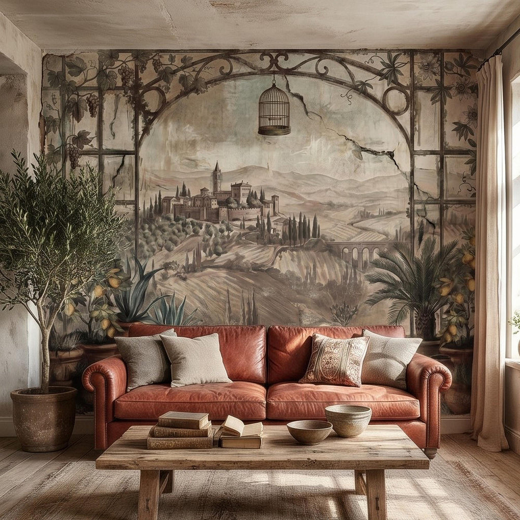 Tuscan Lemon Grove Terrace Peel and Stick Wall Mural, Vintage Italian Country Window View, Grapevine Arbor, Rustic Villa Landscape Wallpaper