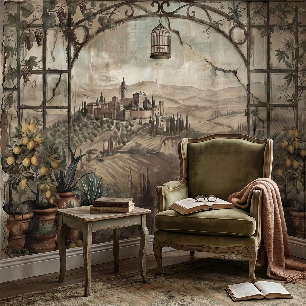 Tuscan Lemon Grove Terrace Peel and Stick Wall Mural, Vintage Italian Country Window View, Grapevine Arbor, Rustic Villa Landscape Wallpaper