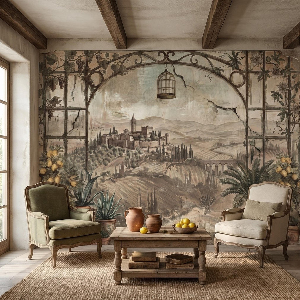 Tuscan Lemon Grove Terrace Peel and Stick Wall Mural, Vintage Italian Country Window View, Grapevine Arbor, Rustic Villa Landscape Wallpaper