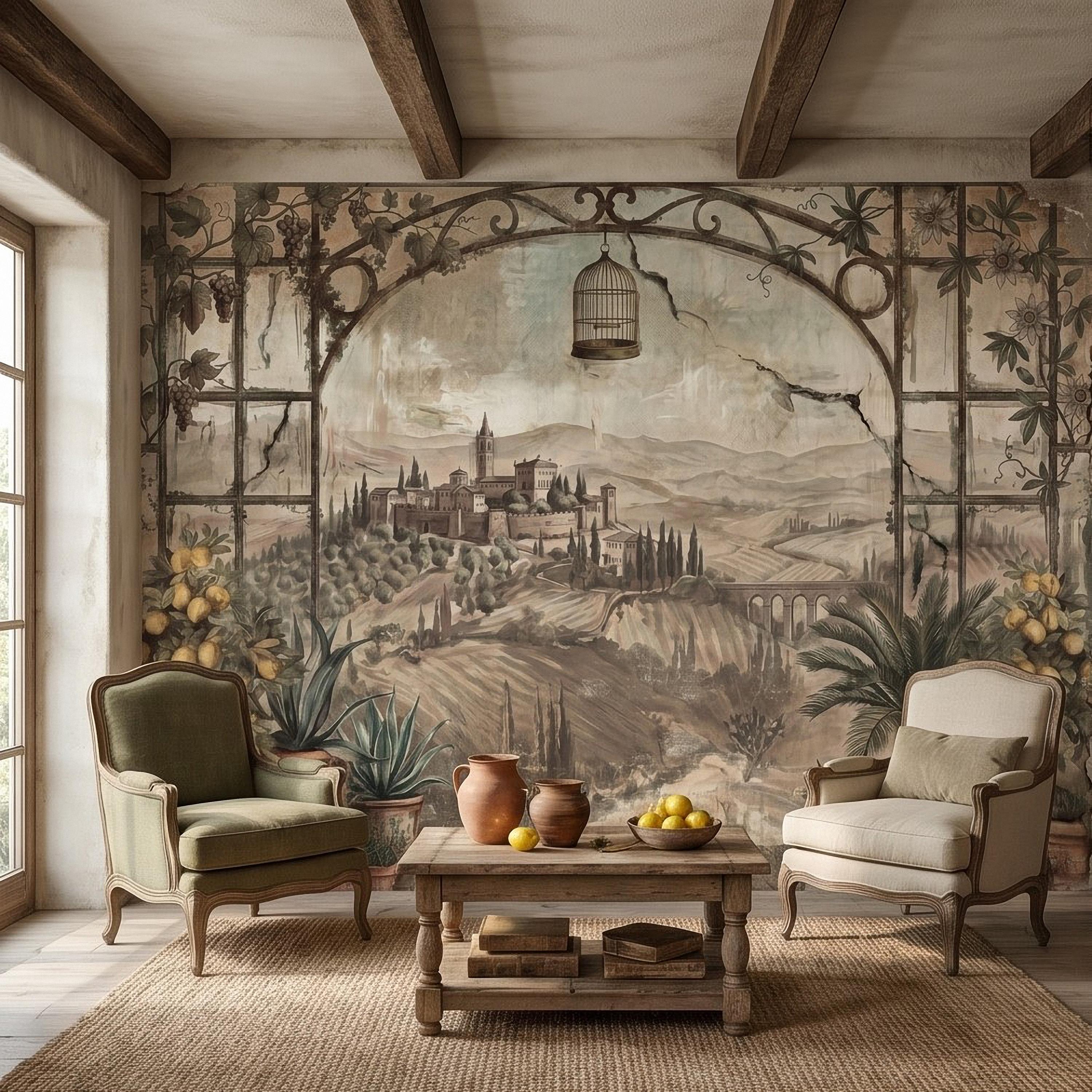Tuscan Lemon Grove Terrace Peel and Stick Wall Mural, Vintage Italian Country Window View, Grapevine Arbor, Rustic Villa Landscape Wallpaper