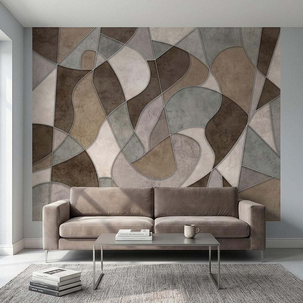 Abstract Geometric Peel and Stick Wall Mural, Neutral Plaster Texture, Modern Organic 3D Panel Illusion Wallpaper