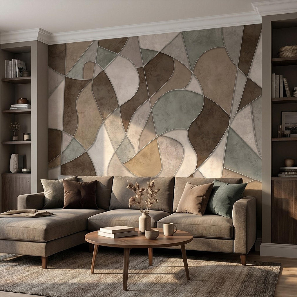 Abstract Geometric Peel and Stick Wall Mural, Neutral Plaster Texture, Modern Organic 3D Panel Illusion Wallpaper