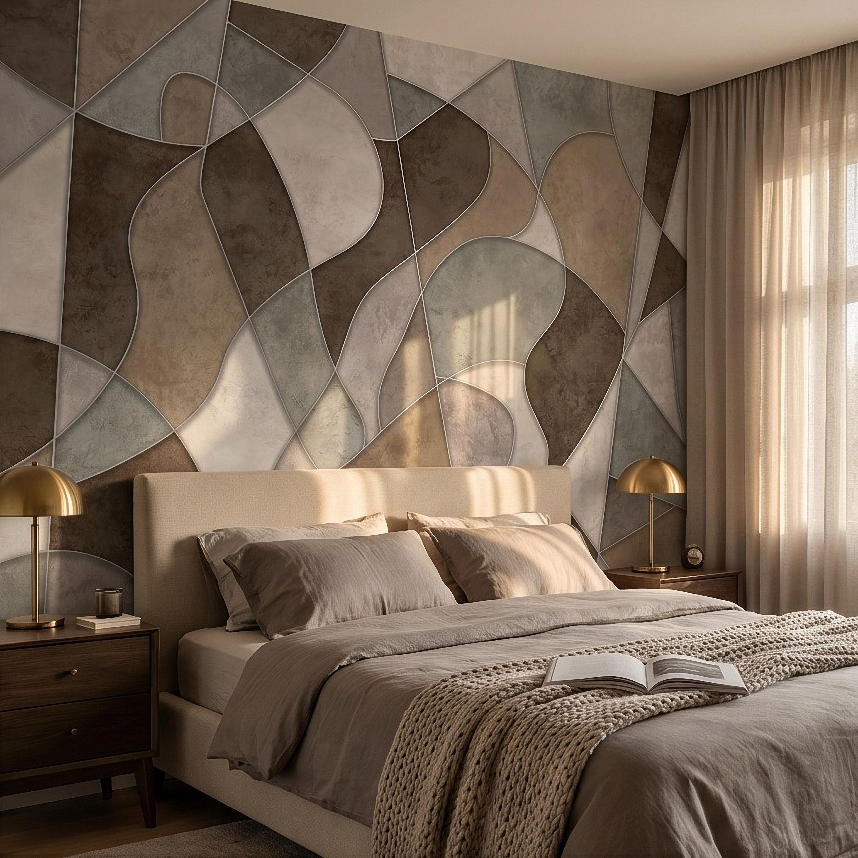 Abstract Geometric Peel and Stick Wall Mural, Neutral Plaster Texture, Modern Organic 3D Panel Illusion Wallpaper