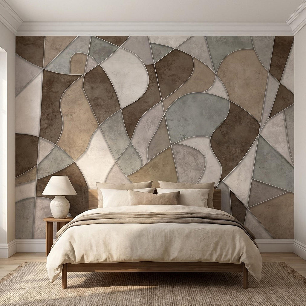 Abstract Geometric Peel and Stick Wall Mural, Neutral Plaster Texture, Modern Organic 3D Panel Illusion Wallpaper