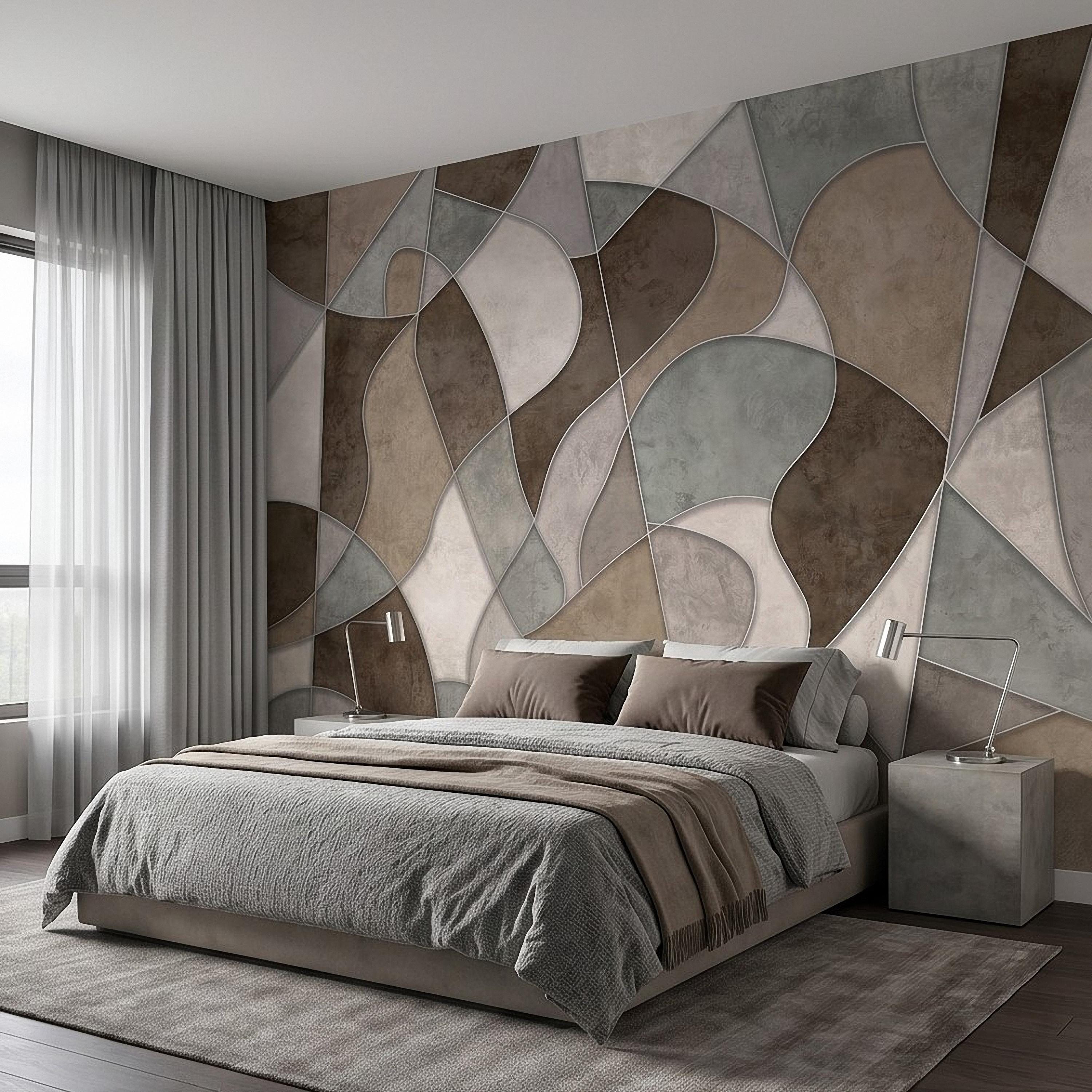 Abstract Geometric Peel and Stick Wall Mural, Neutral Plaster Texture, Modern Organic 3D Panel Illusion Wallpaper