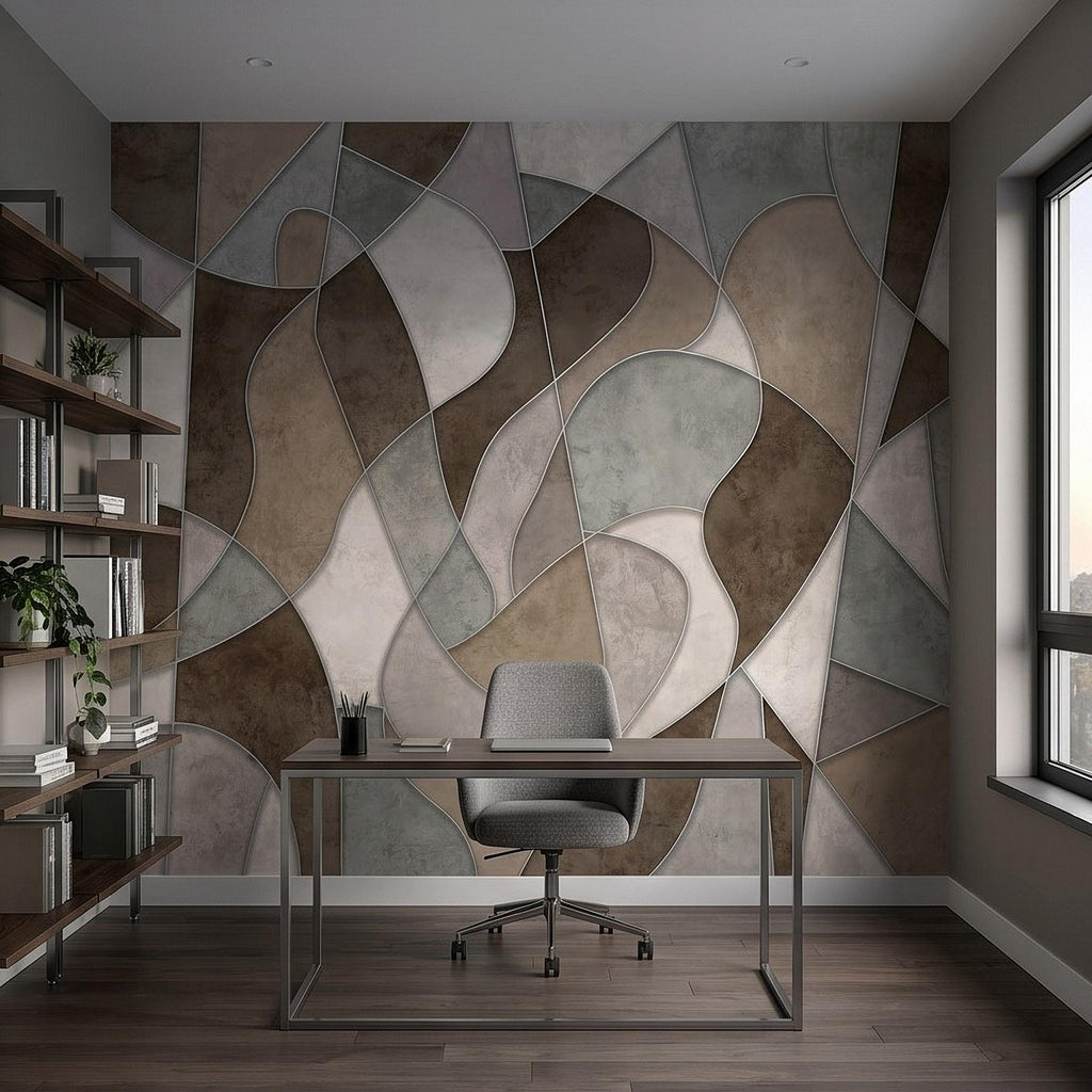 Abstract Geometric Peel and Stick Wall Mural, Neutral Plaster Texture, Modern Organic 3D Panel Illusion Wallpaper
