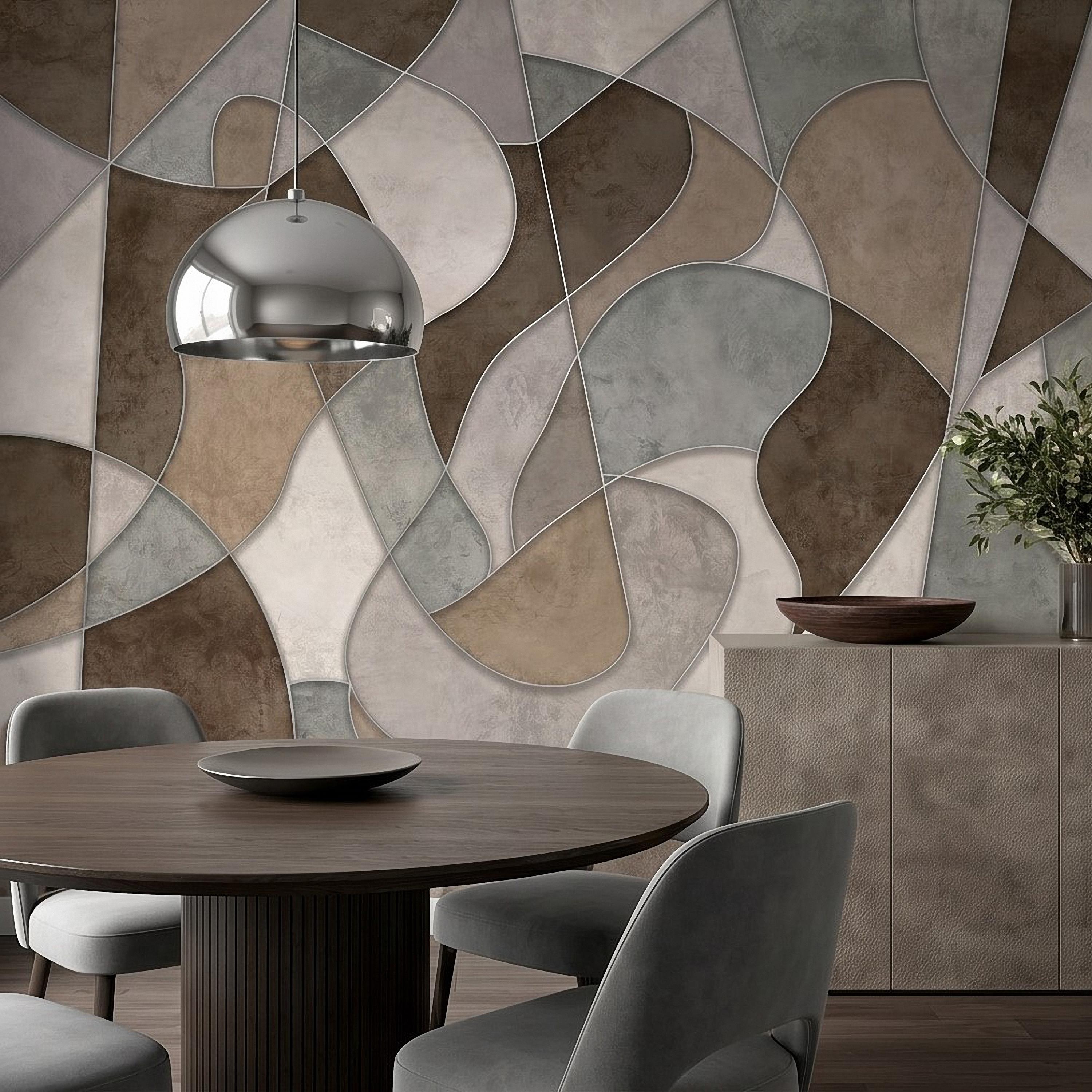 Abstract Geometric Peel and Stick Wall Mural, Neutral Plaster Texture, Modern Organic 3D Panel Illusion Wallpaper
