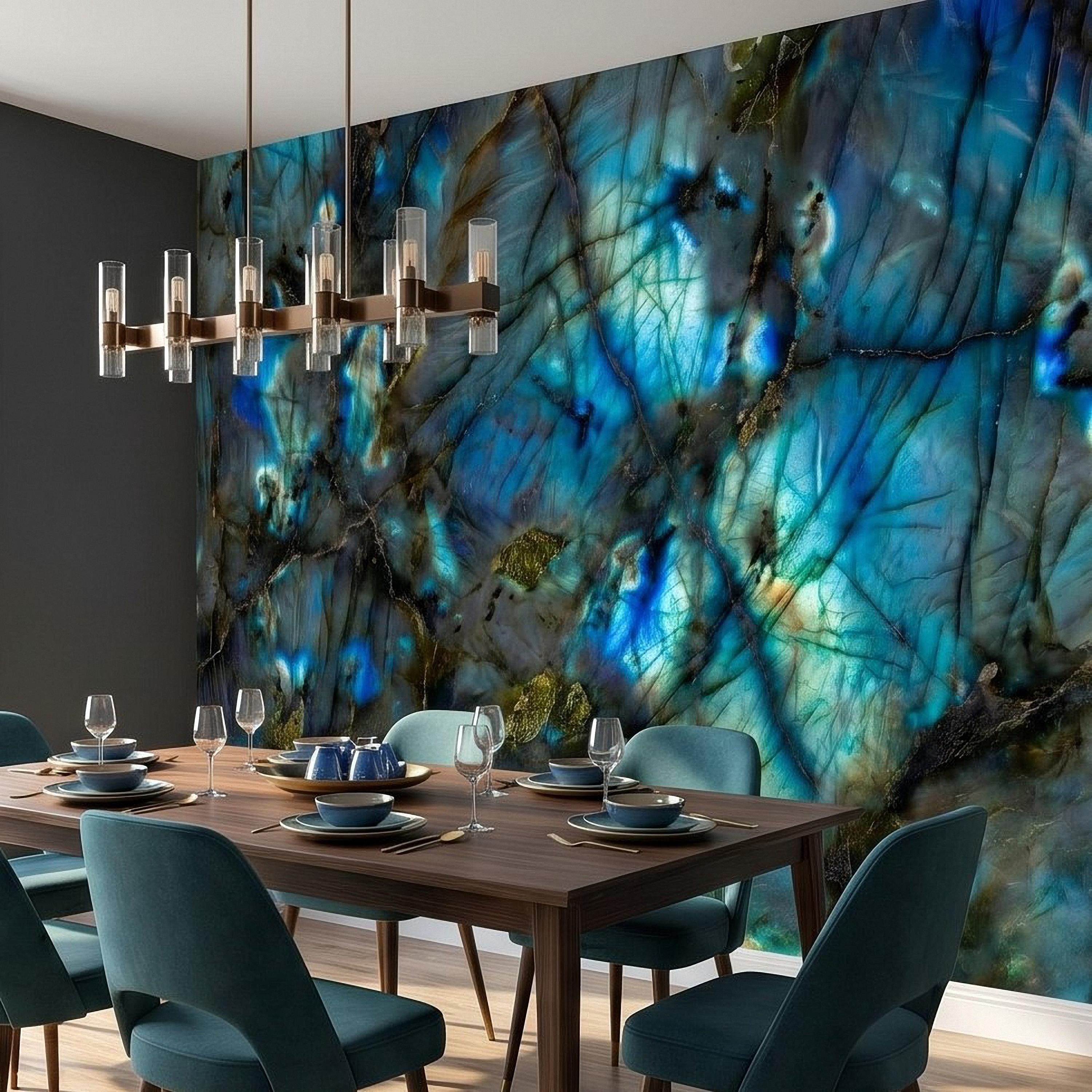 Blue Labradorite Stone Peel and Stick Wall Mural, Teal Navy Gem Crystal Texture, Dark Moody Marble Slab Modern Luxury Wallpaper