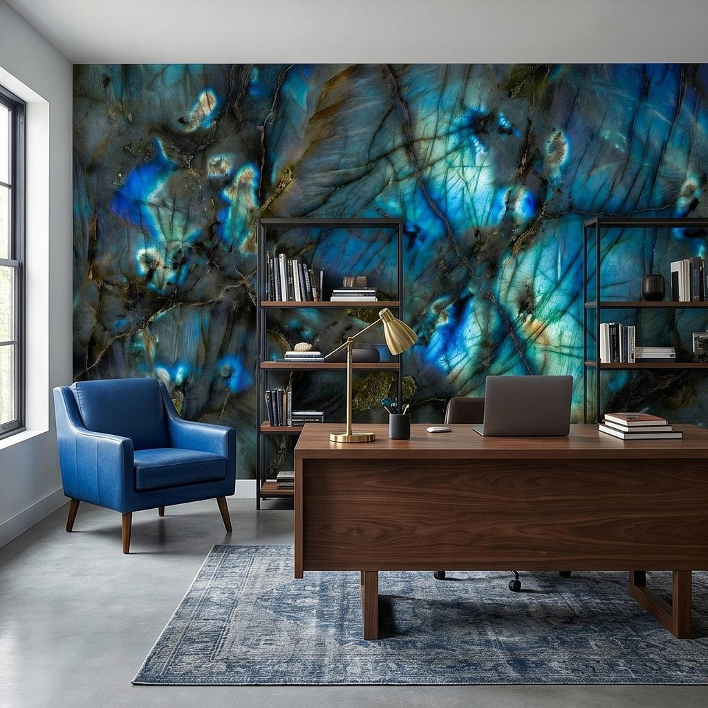 Blue Labradorite Stone Peel and Stick Wall Mural, Teal Navy Gem Crystal Texture, Dark Moody Marble Slab Modern Luxury Wallpaper