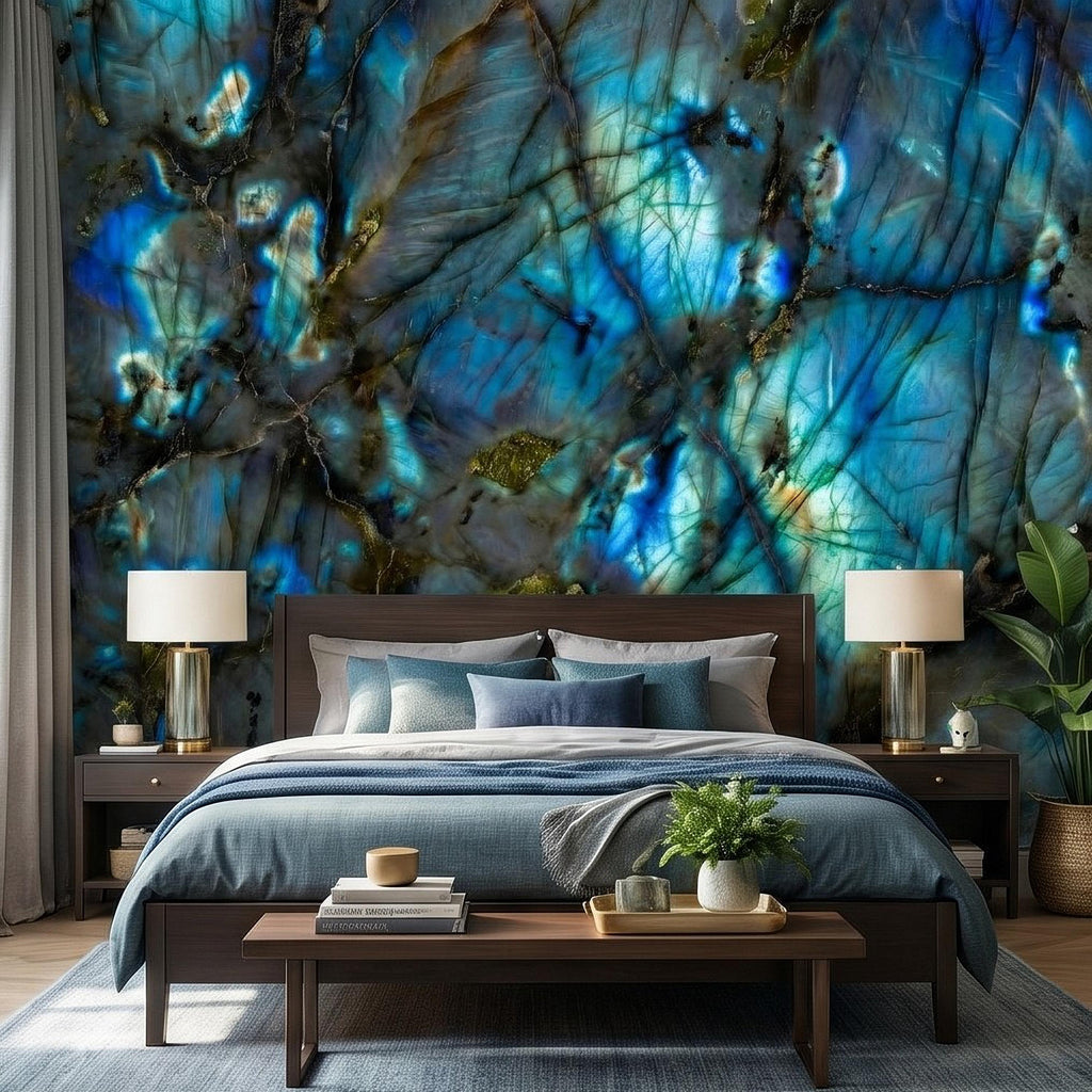 Blue Labradorite Stone Peel and Stick Wall Mural, Teal Navy Gem Crystal Texture, Dark Moody Marble Slab Modern Luxury Wallpaper