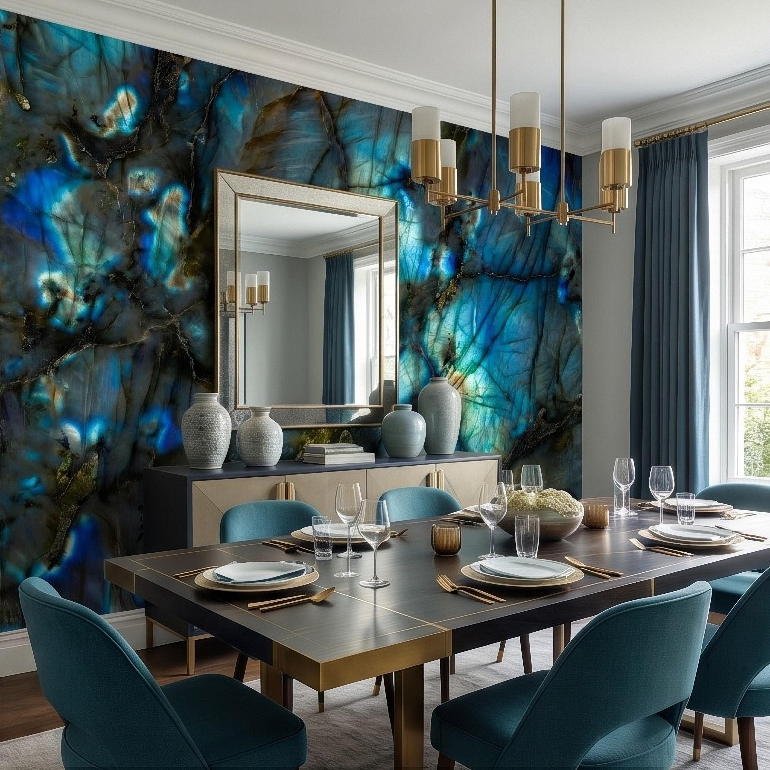 Blue Labradorite Stone Peel and Stick Wall Mural, Teal Navy Gem Crystal Texture, Dark Moody Marble Slab Modern Luxury Wallpaper