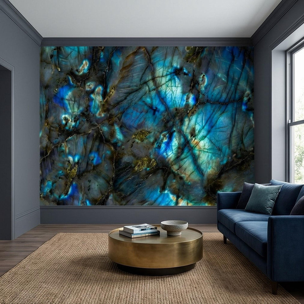 Blue Labradorite Stone Peel and Stick Wall Mural, Teal Navy Gem Crystal Texture, Dark Moody Marble Slab Modern Luxury Wallpaper