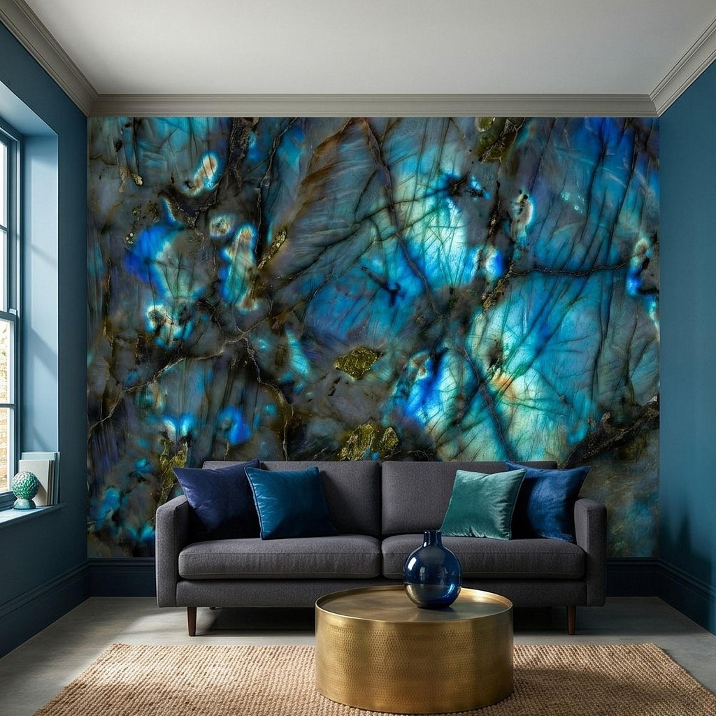 Blue Labradorite Stone Peel and Stick Wall Mural, Teal Navy Gem Crystal Texture, Dark Moody Marble Slab Modern Luxury Wallpaper
