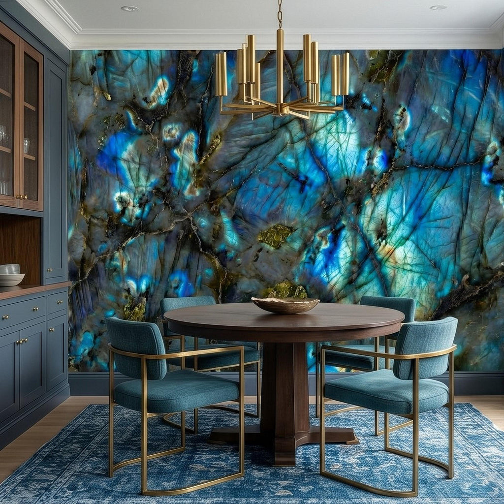 Blue Labradorite Stone Peel and Stick Wall Mural, Teal Navy Gem Crystal Texture, Dark Moody Marble Slab Modern Luxury Wallpaper