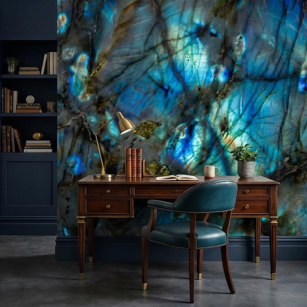 Blue Labradorite Stone Peel and Stick Wall Mural, Teal Navy Gem Crystal Texture, Dark Moody Marble Slab Modern Luxury Wallpaper