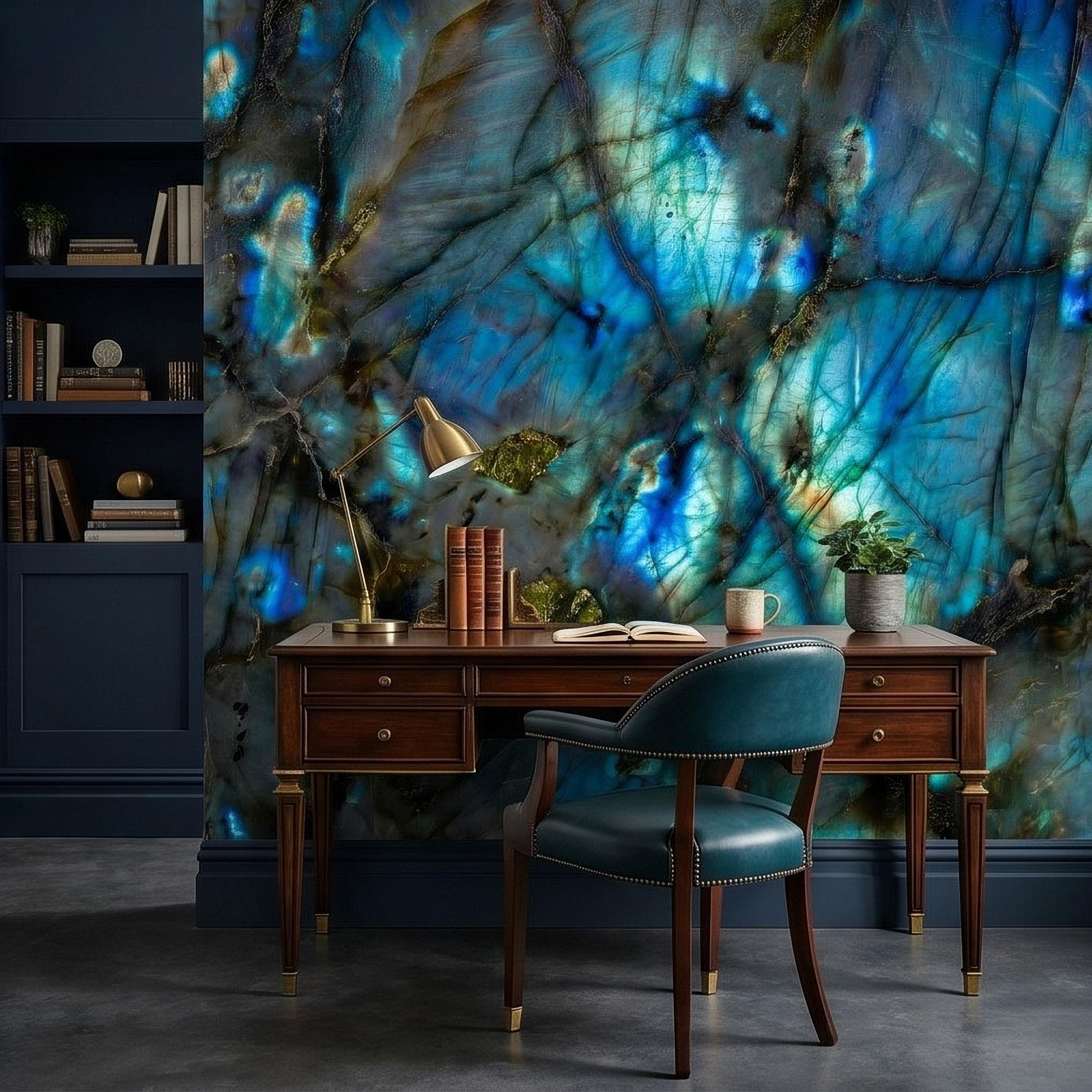 Blue Labradorite Stone Peel and Stick Wall Mural, Teal Navy Gem Crystal Texture, Dark Moody Marble Slab Modern Luxury Wallpaper