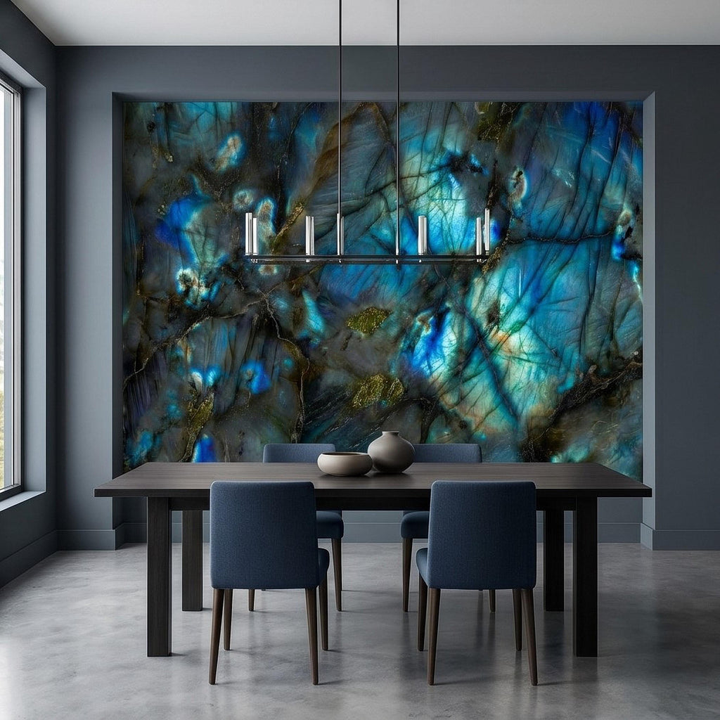 Blue Labradorite Stone Peel and Stick Wall Mural, Teal Navy Gem Crystal Texture, Dark Moody Marble Slab Modern Luxury Wallpaper